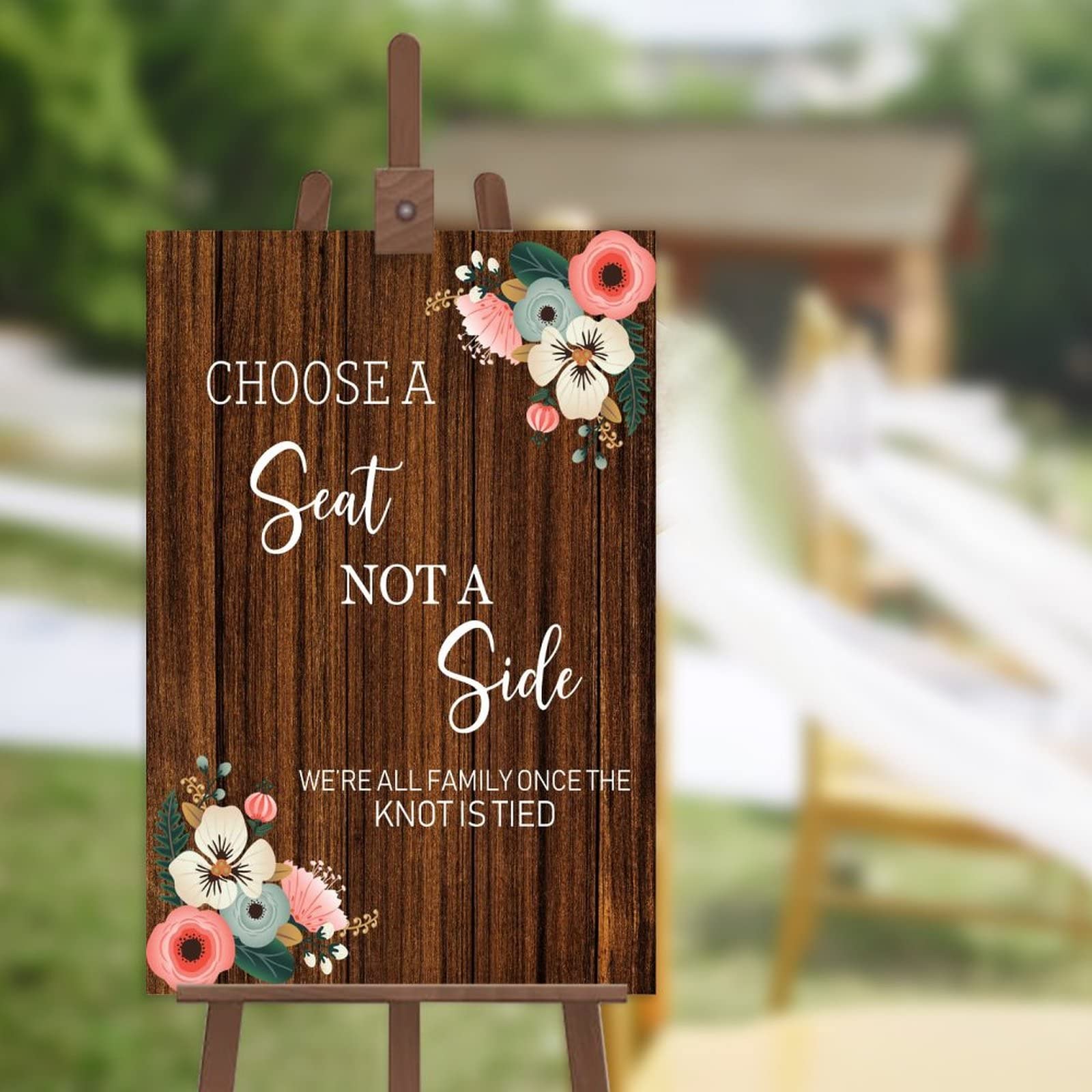 Panneau mariage Choose A Seat Not A Side rustique fleurs blanches 30x45cm