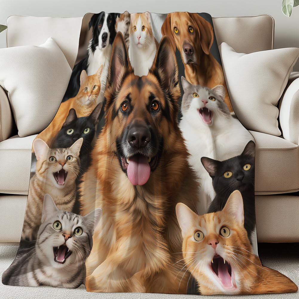 GLOBLELAND Selfie Cats and Dogs Throw 59×51inch German Shepherd Soft Cozy Flannel Blanket Washable Fuzzy Throw Blanket for Home Office Room Bed Sofa Chair Gift