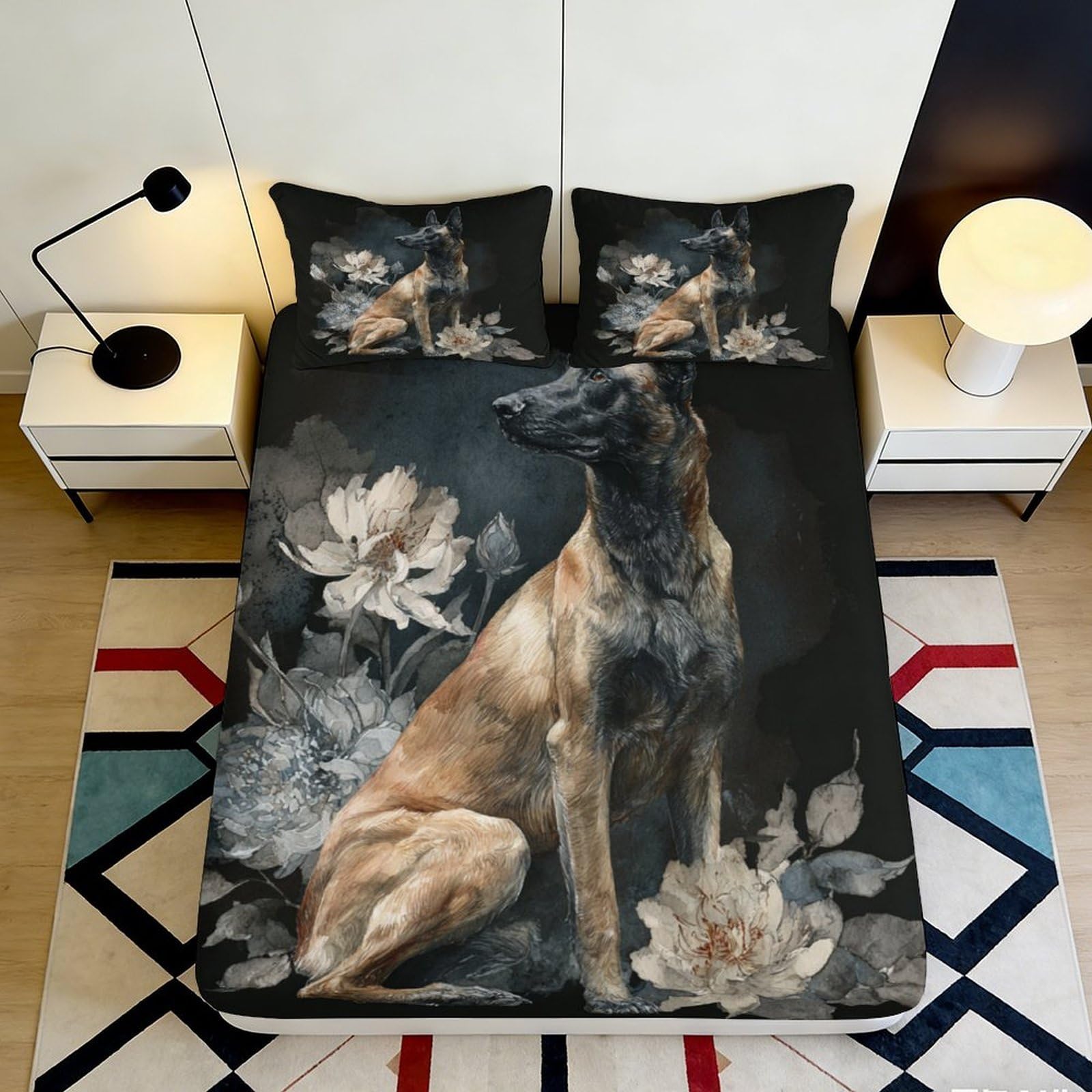 3D Printed Belgian Malinois Dog Fitted Sheet Microfiber Anti-Slip Floral Bed Cover for Bedroom Guest Room Decor 90x200x25cm