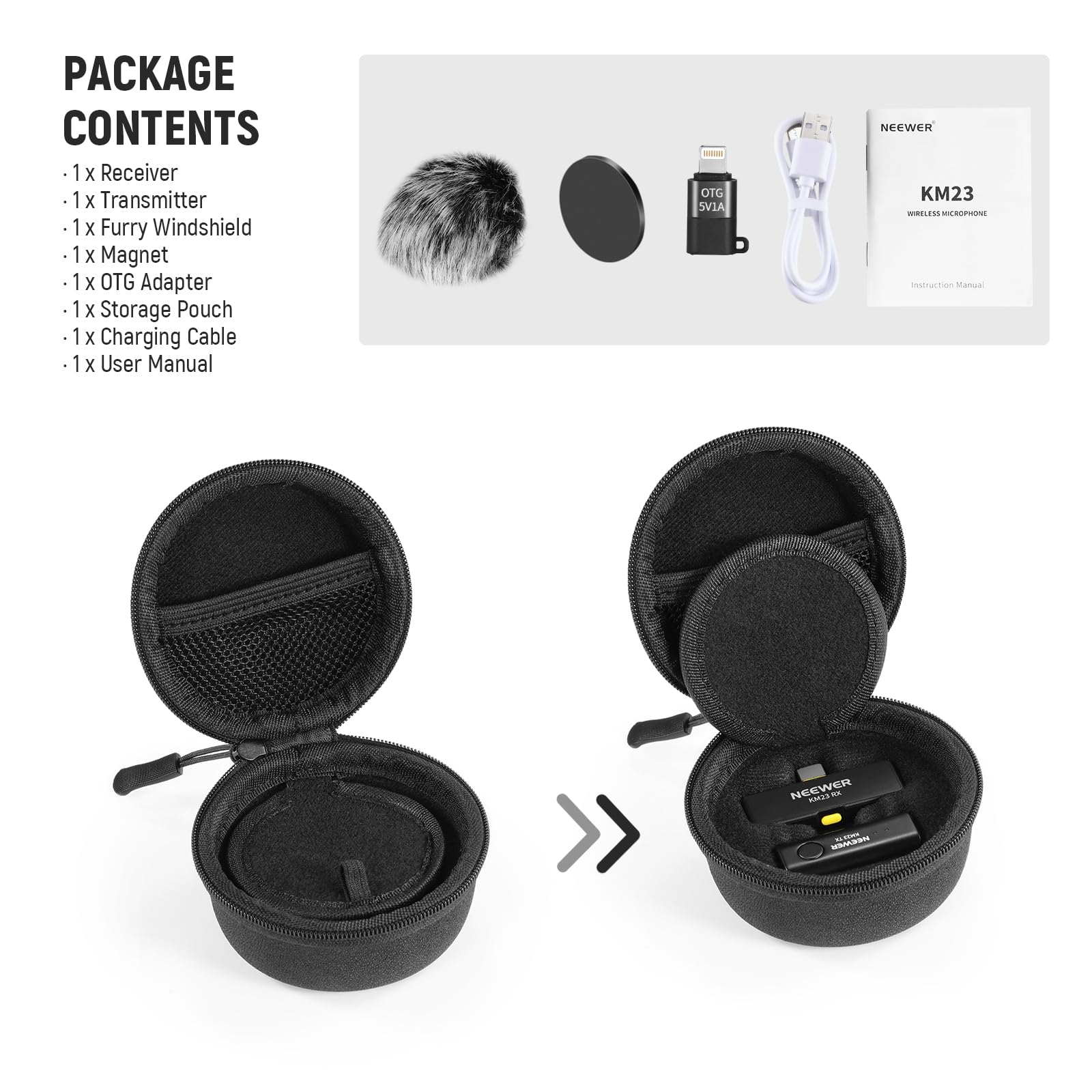 Neewer Lavalier Bezprzewodowy system mikrofonowy, 1 x odbiornik USB C z adapterem OTG i 1 x wielokierunkowy nadajnik pojemnościowy z redukcją szumów, kompatybilny z iPhone 16 Pro Max S24 Ultra, KM23