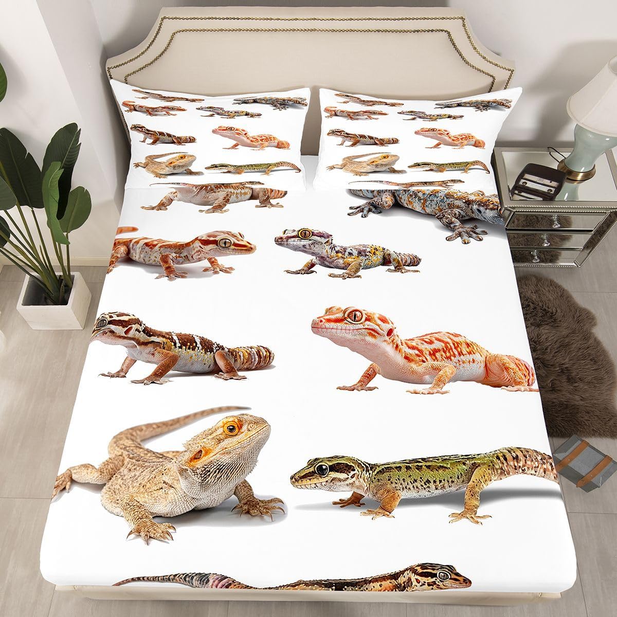 Feelyou Reptile Bed Sheets Leopard Gecko Sheet Set for Kids Boys Girls Primitive Wildlife Animals Lizard Bed Set Beige White Green Decor Sheets Room 4Pcs Queen Size