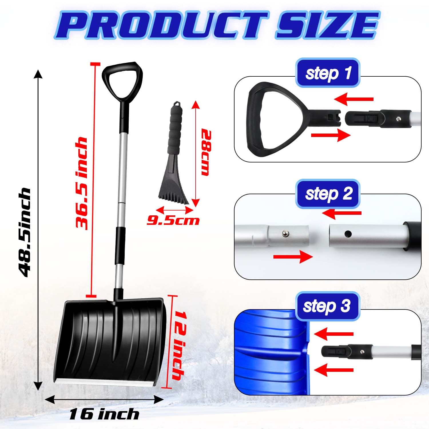 Pelle à neige de grande capacité avec poignée ergonomique - Outil de déneigement amovible léger et portable pour jardin, camping, extérieur, urgence, bonhomme de neige - Noir