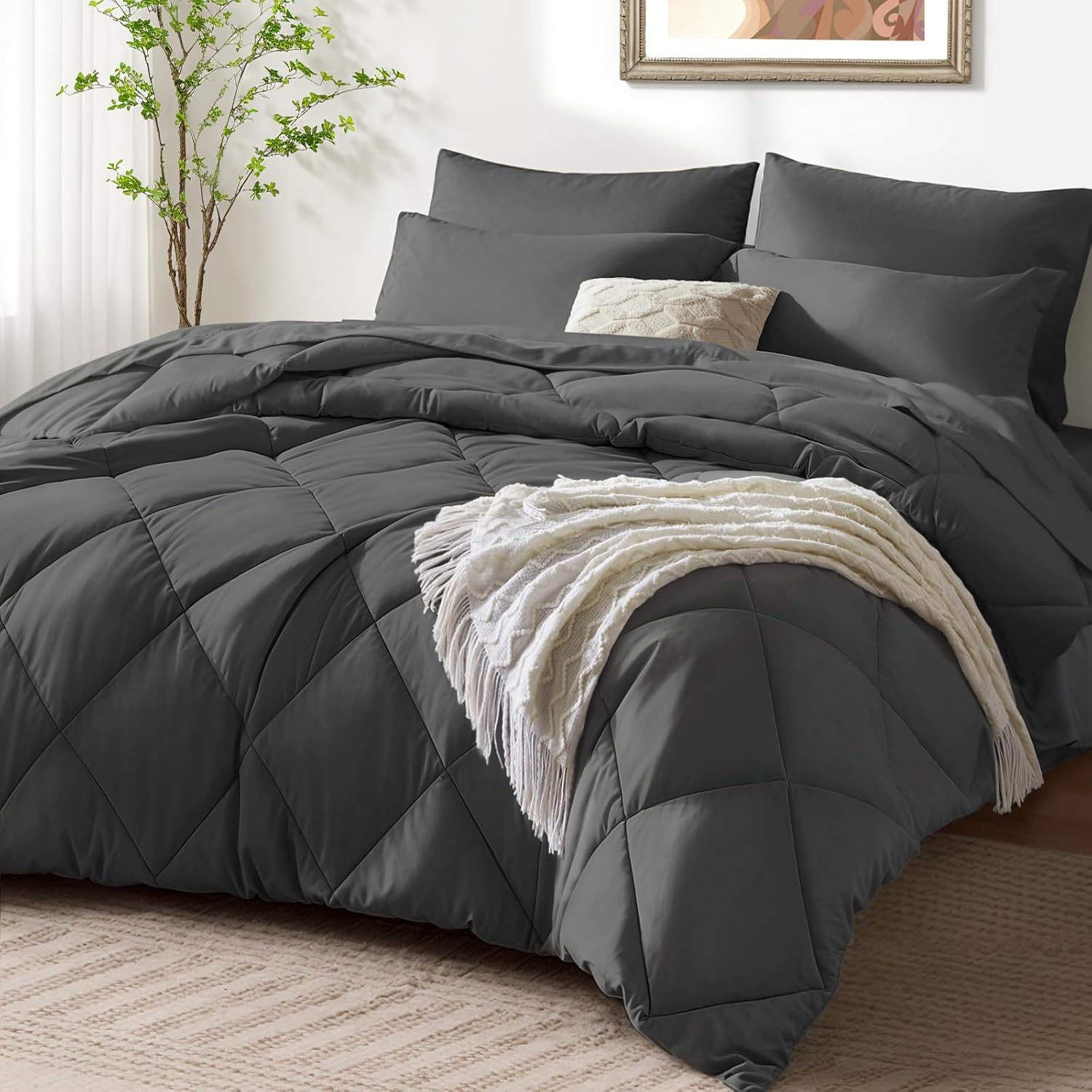 SunStyle Home King Comforter Sets, 7-Pieces Bed in a Bag with Comforter and Sheets, All Season Bedding Sets with Comforter, Flat Sheet, Fitted Sheet Pillow Shams and Pillowcases (Dark Grey)