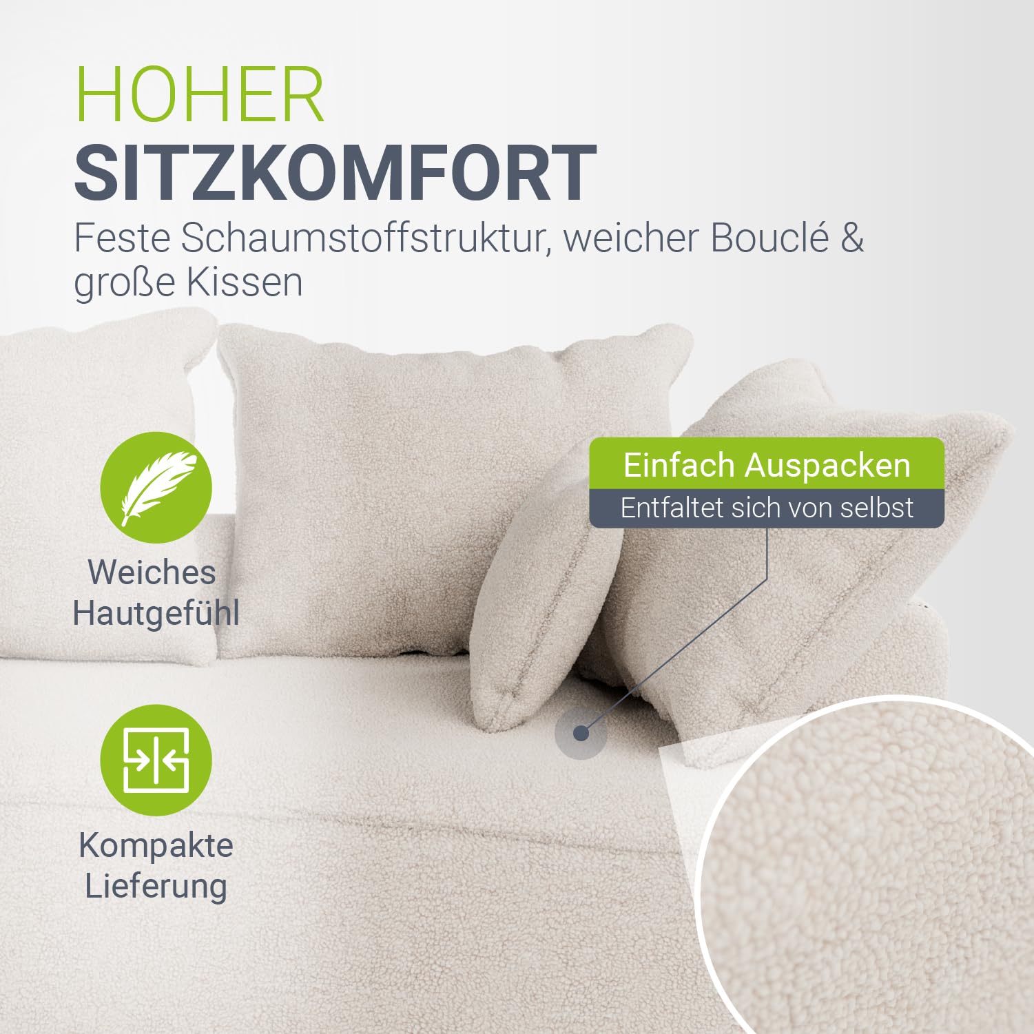 Juskys Sofa Tirano - Bouclé Creme, Ecksofa mit L-Form, mit Rücken- & Dekokissen, 4-Sitzer Eckcouch, Schaumstoff - Ottomane rechts