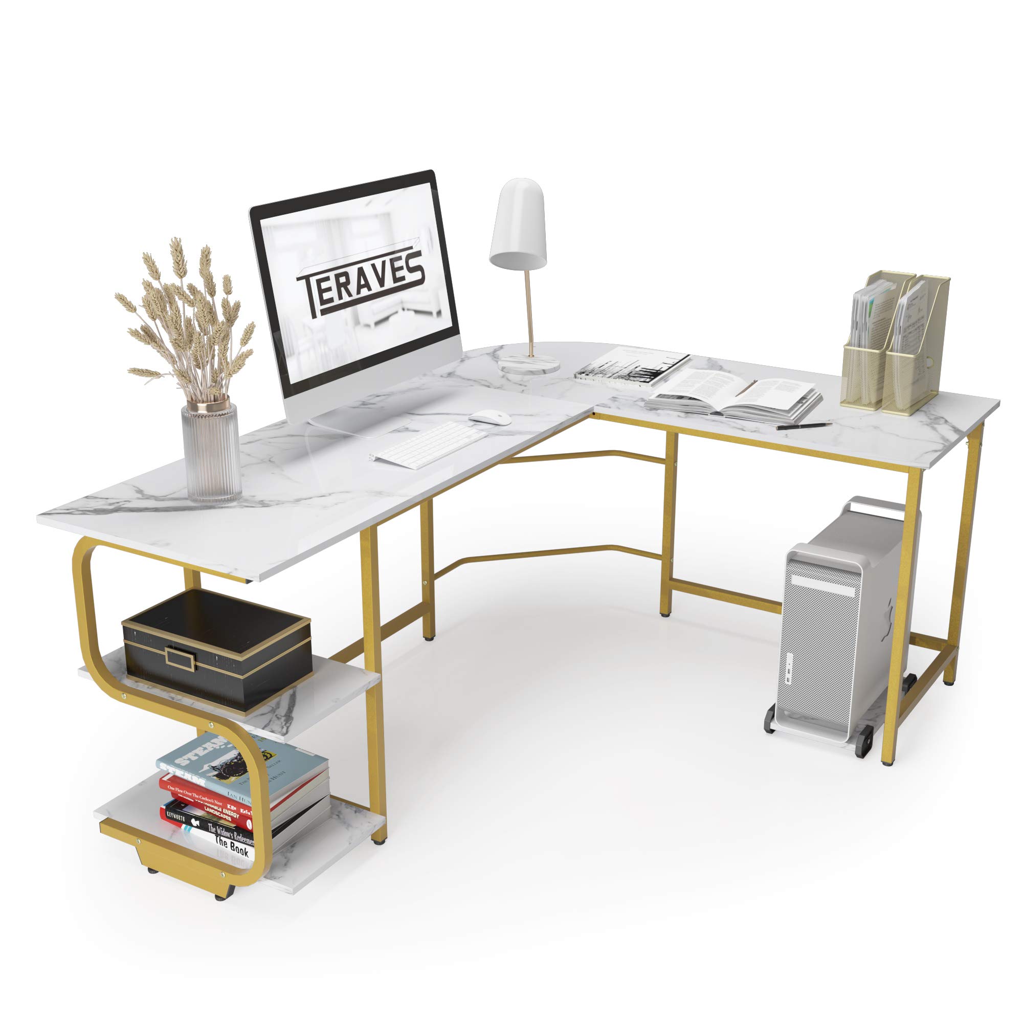 Teraves Reversible L Shaped Desk with Shelves Round Corner Computer
