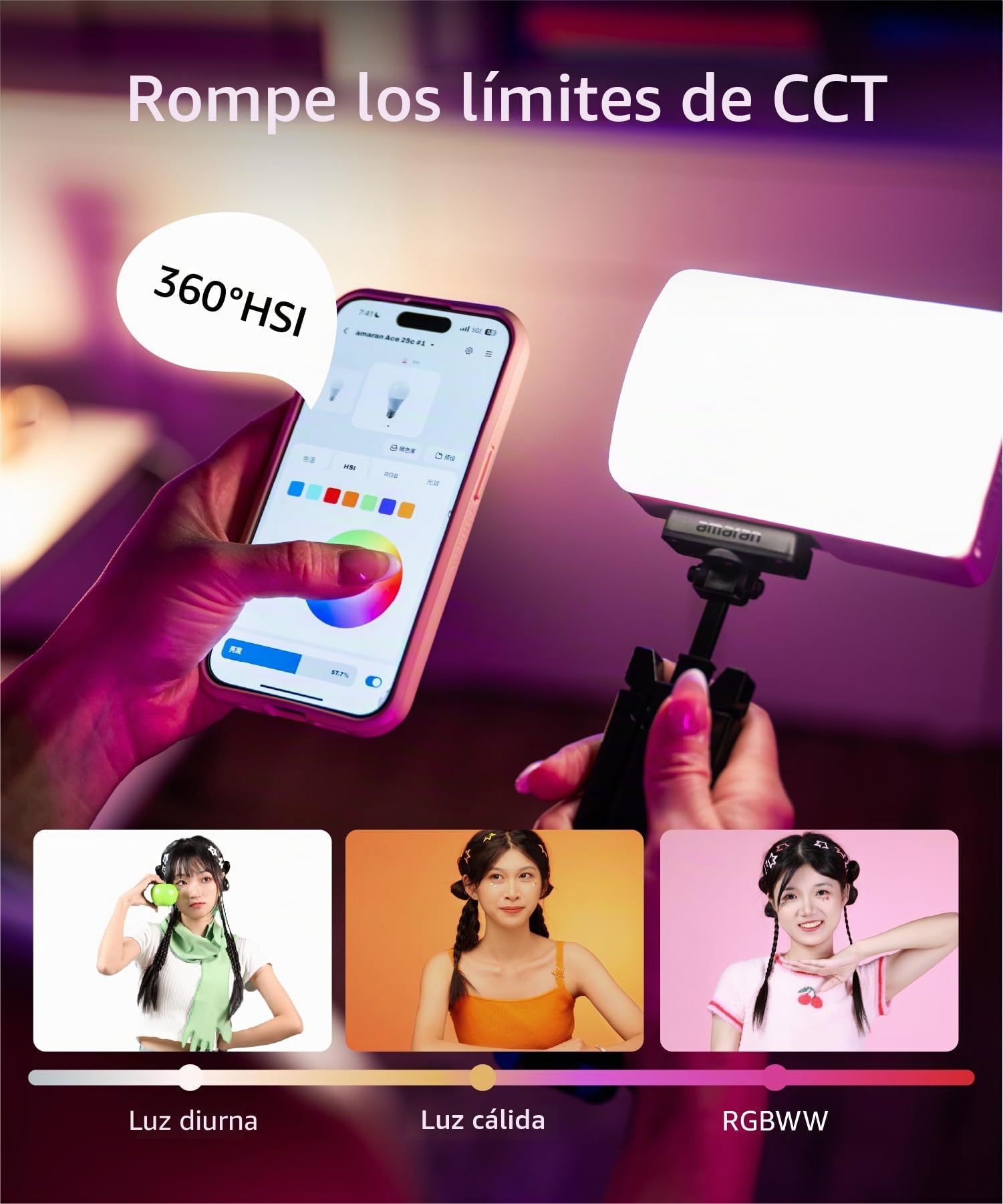 Amaran Ace 25c Luz LED RGBWW de Colores Completos, 32W Luz de Vídeo On-Camera, 2300K-10000K, 5908 Lux @ 0,5m, Carga Rápida USB-C, Montaje Magnético, Control Inalámbrico con la App amaran - Charcoal