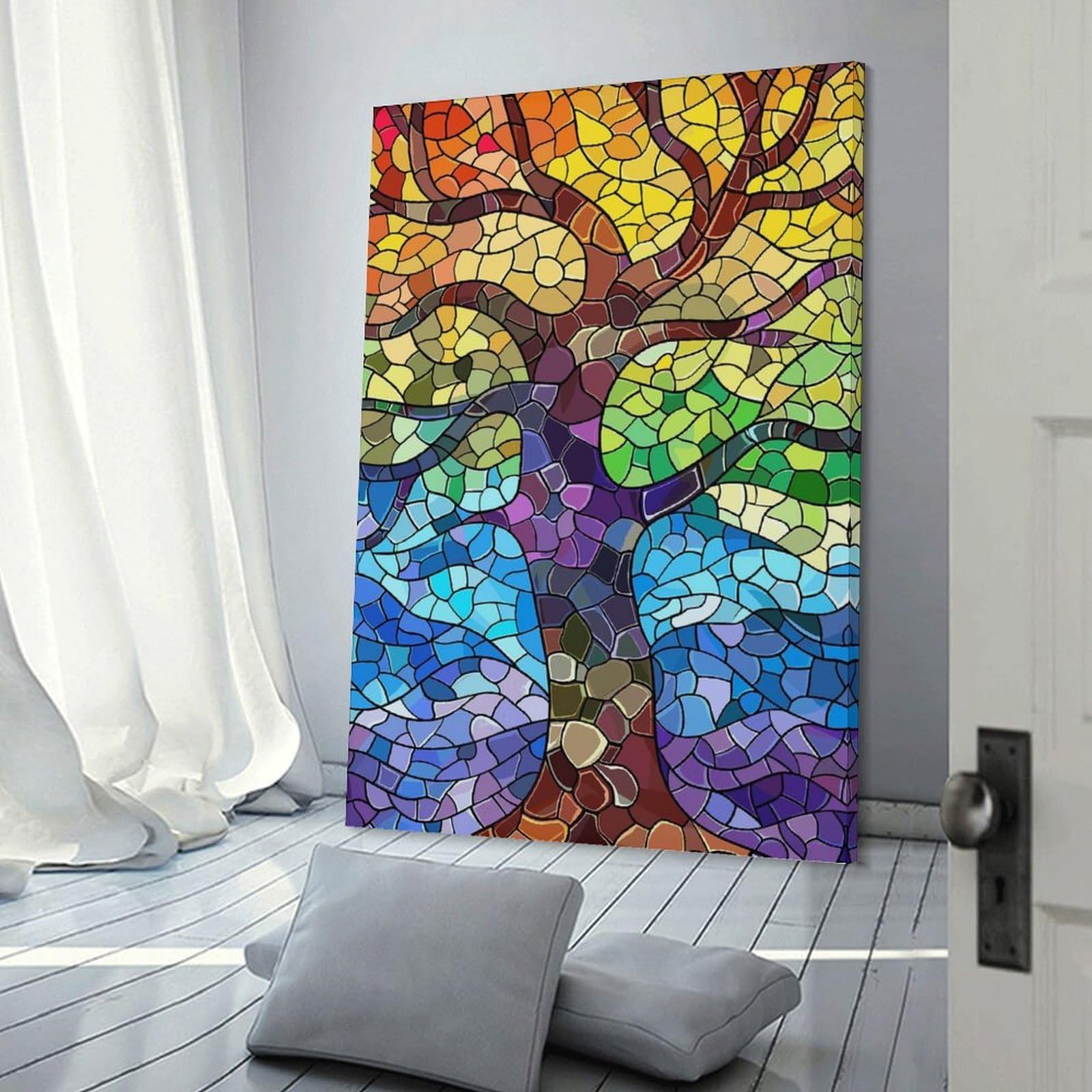 Junmoney Canvas Wall Art Stained Glass Tree of Life, 24x36inch(60x90cm), for Living Room, Lounge Or Sitting Room, Canvas Styling for A Polished Room Look