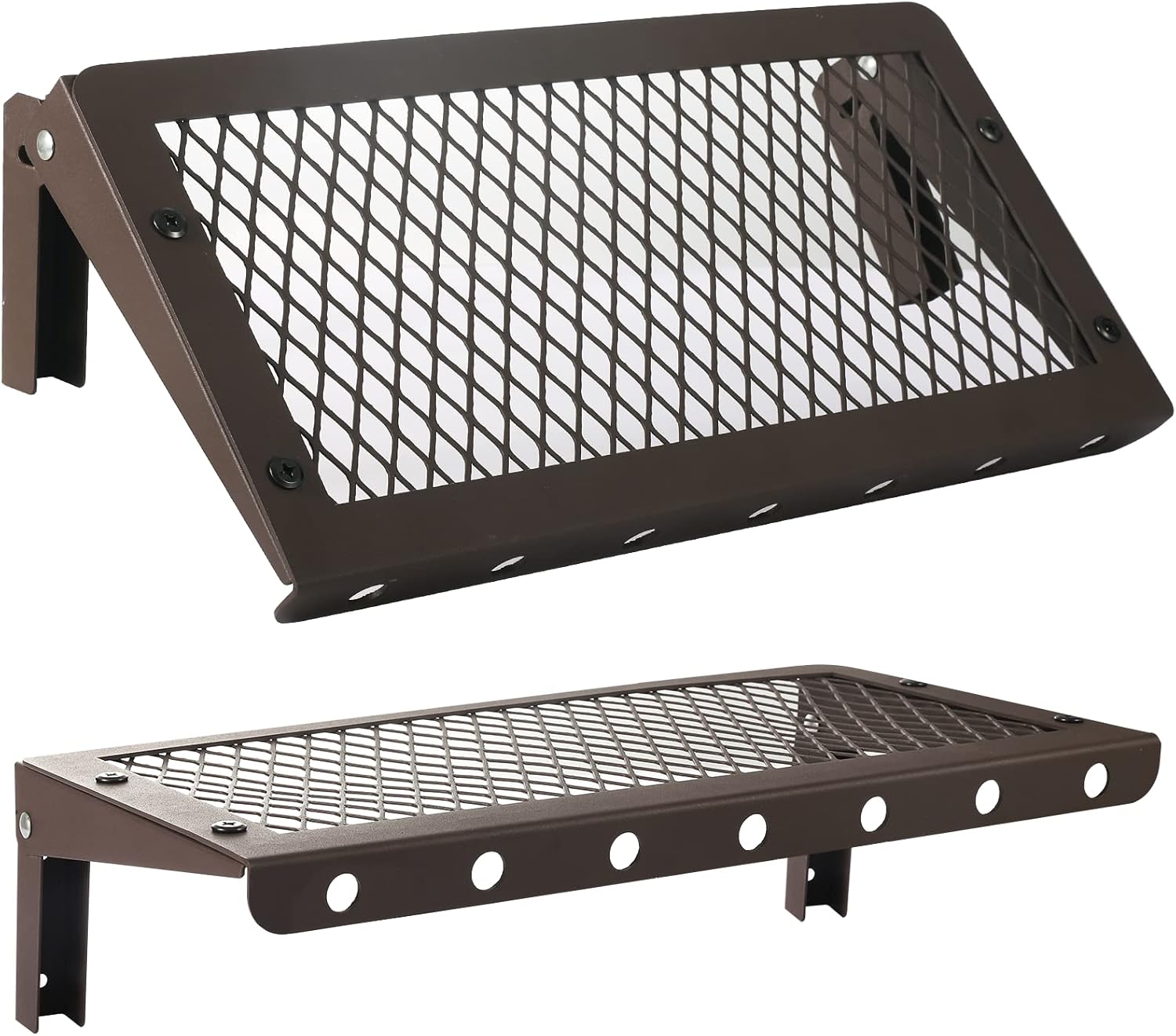 Floating Shelves Set of 2, Metal Shelves, Wall Mounted Shelves, Metal Panels, Folding, for Living Room, Kitchen, Bathroom, Garage, Brown with Hooks. Floating Shelves Set of 2, Metal Shelves, Wall Mounted Shelves, Metal Panels, Folding, for Living Room, Kitchen, Bathroom, Garage, Brown with Hooks.