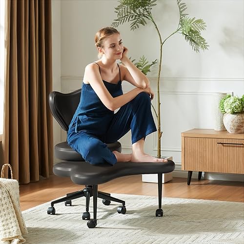 Pinmoco Ergonomic Cross Legged Chair, Height Adjustable Seat for ADHD, PU Leather, Black - Heart Shape