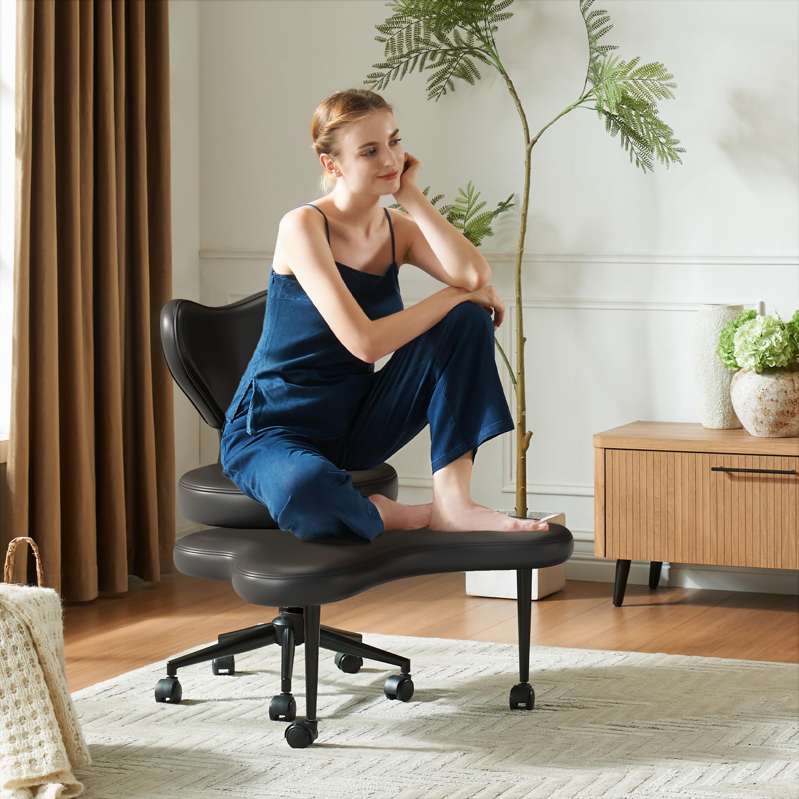 Ergonomic Cross Legged Chair, 360° Swivel Meditation Chair with Wheels, Height Adjustable Seat for ADHD, Strong Lumbar Support, Chic Home Office Furniture, PU Leather, Black