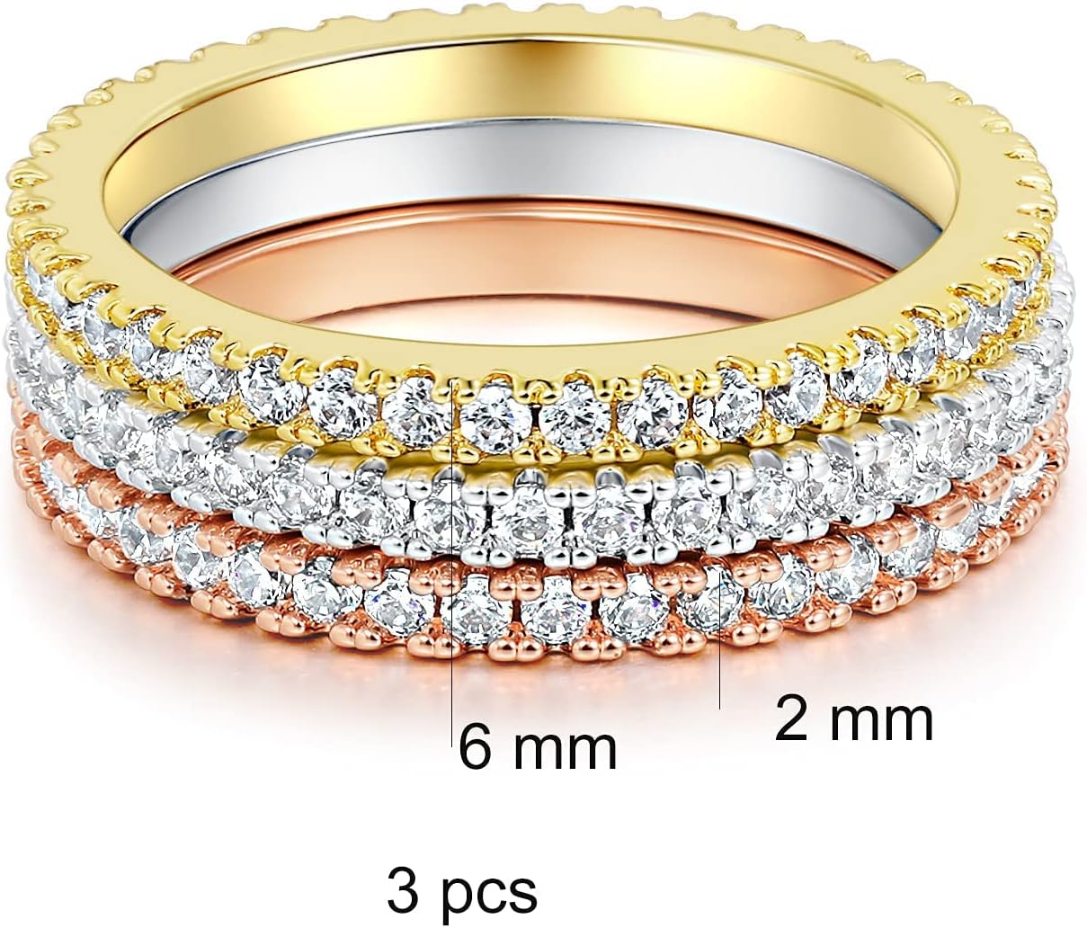 MDFUN Tri-Color Gold Plated Cubic Zirconia Band Stackable Promise Ring 3 PCS Set - Image 6