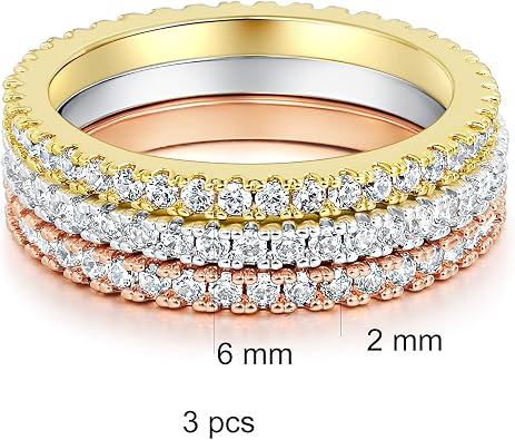 MDFUN ثلاثي الألوان مطلية بالذهب مكعب Zirconia Band Stackable Promise Ring 3 PCS Set