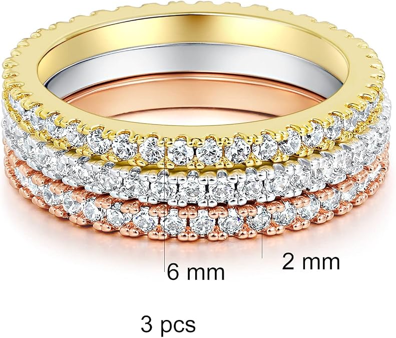 MDFUN ثلاثي الألوان مطلية بالذهب مكعب Zirconia Band Stackable Promise Ring 3 PCS Set