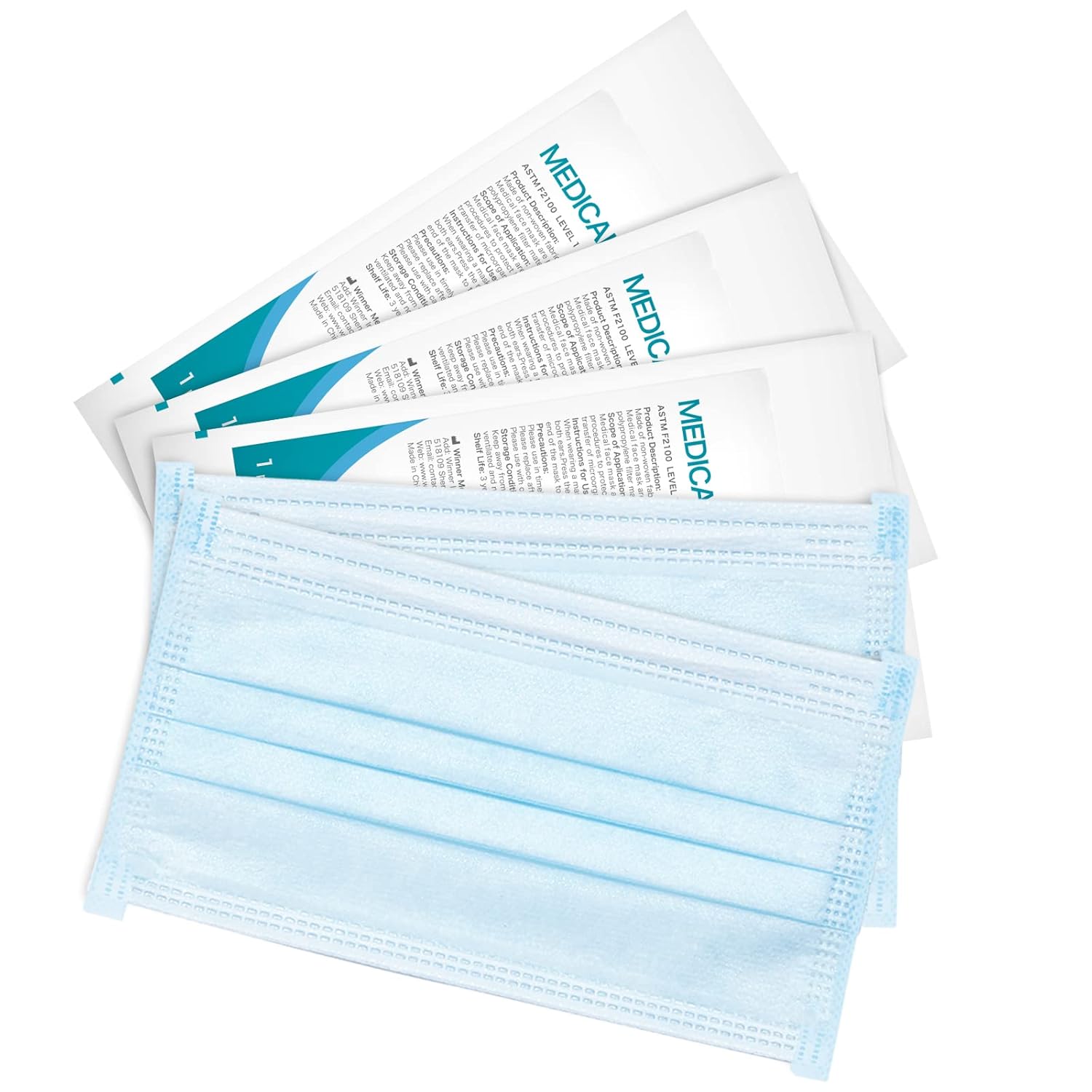 Winner Blue Disposable Face Mask with Earloop, ASTMF2100-19 LEVEL1 Medical Grade, 3-Ply Individually Wrapped, 6.7”x3.5” for Adults, 50 PCS/BOX : Industrial & Scientific