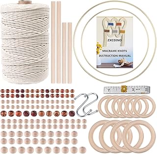 152pcs Macrame Kits for Beginners 3mm x 220yards Natural Cotton Macrame Cord with Wooden Beads,Wooden Rings,Wooden Sticks,Metal Rings Macrame Supplies Best for Macrame Plant Hanger