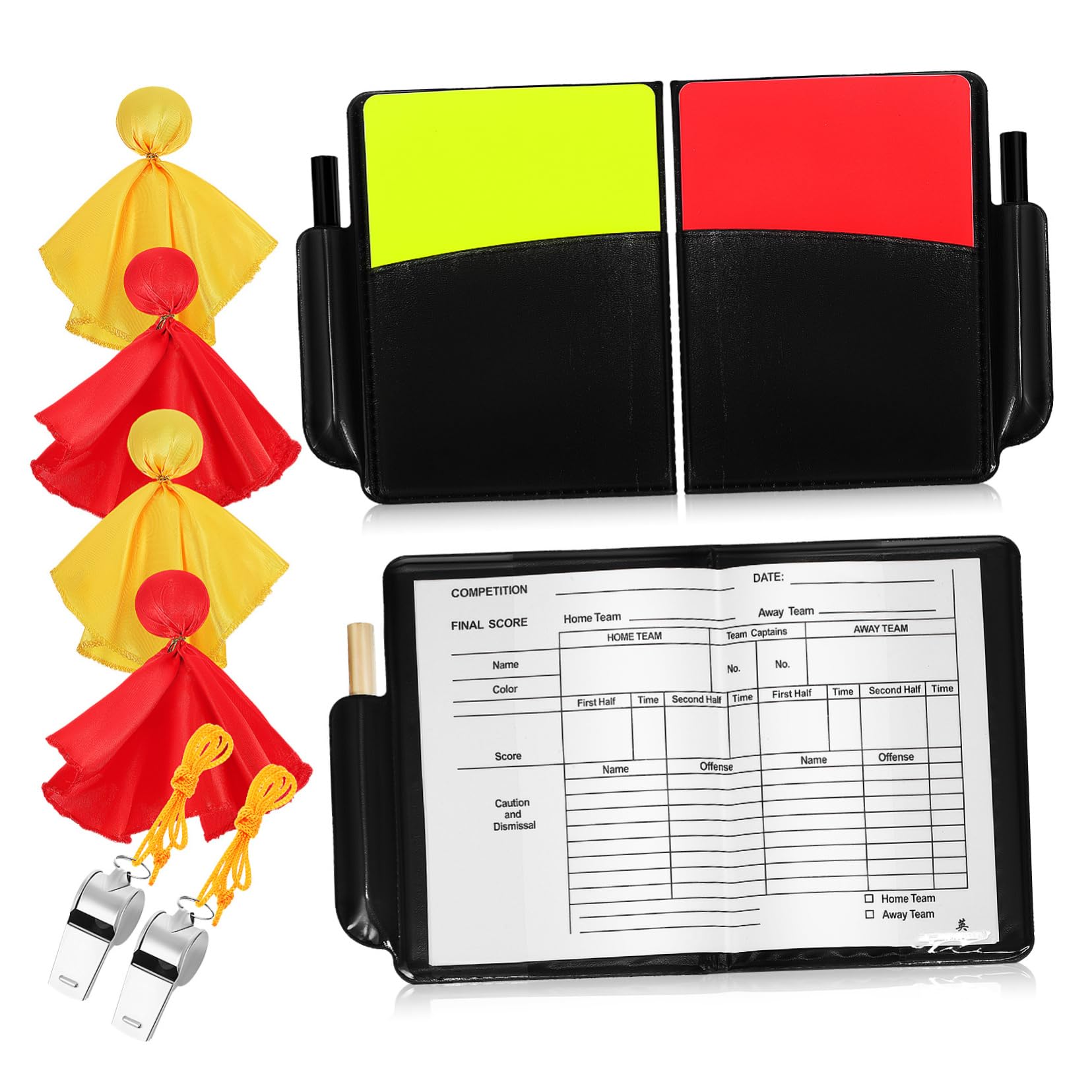 Abaodam 3 Set cartellini dell'arbitro e Fischietto Bandiera Rossa Forniture per arbitri Arbitro di Calcio cartellini Rossi e Gialli Kit Carte da Calcio FISCCHIO CLAYARD PVC
