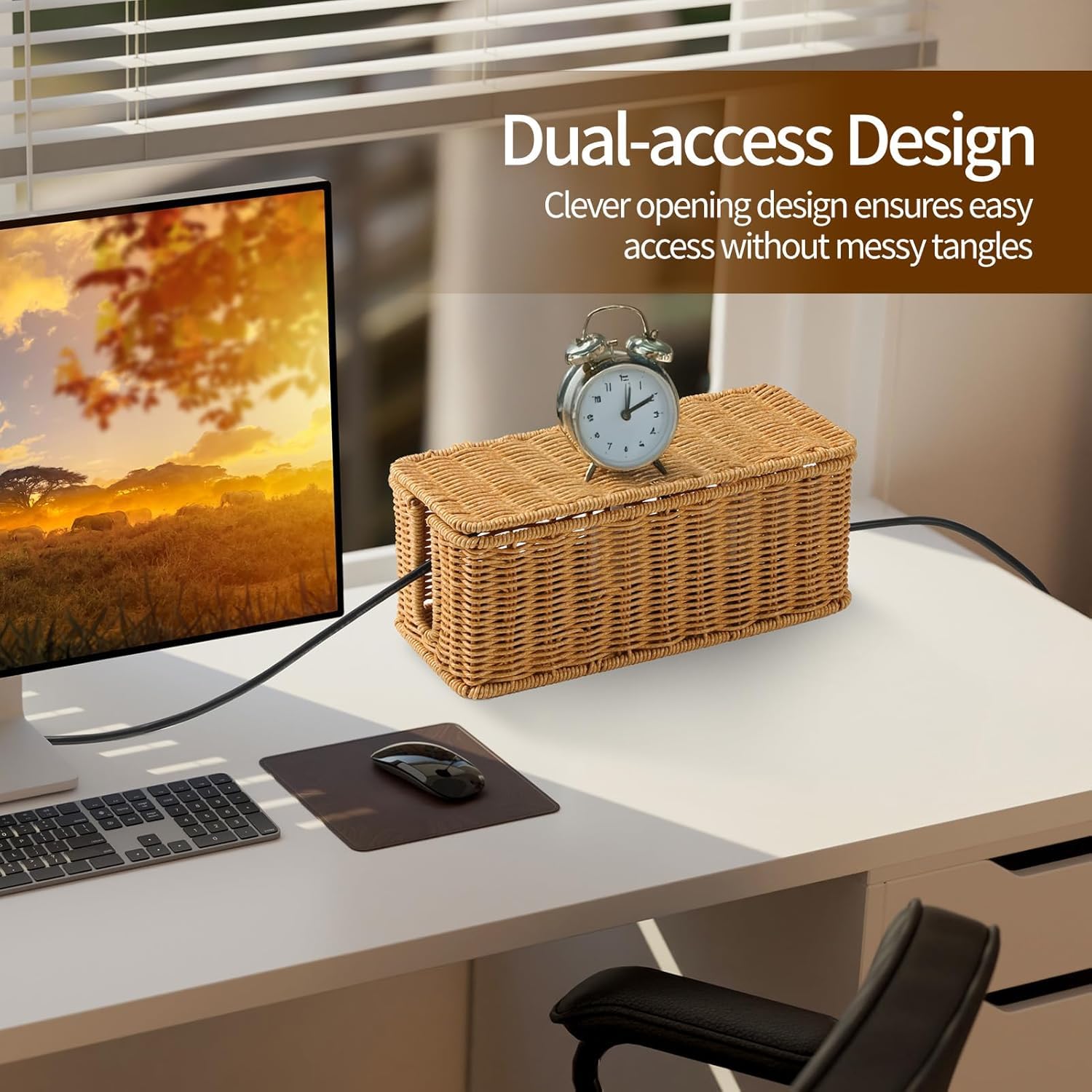 Rattan Kabelmanagement Box, Handgemachte Kabelbox mit Deckel, Kabelmanagementbox mit Seitlicher Öffnung Kabelsalat Verstecken Schreibtisch Steckdosenbox für Büro, Zuhause (Holzfarben)