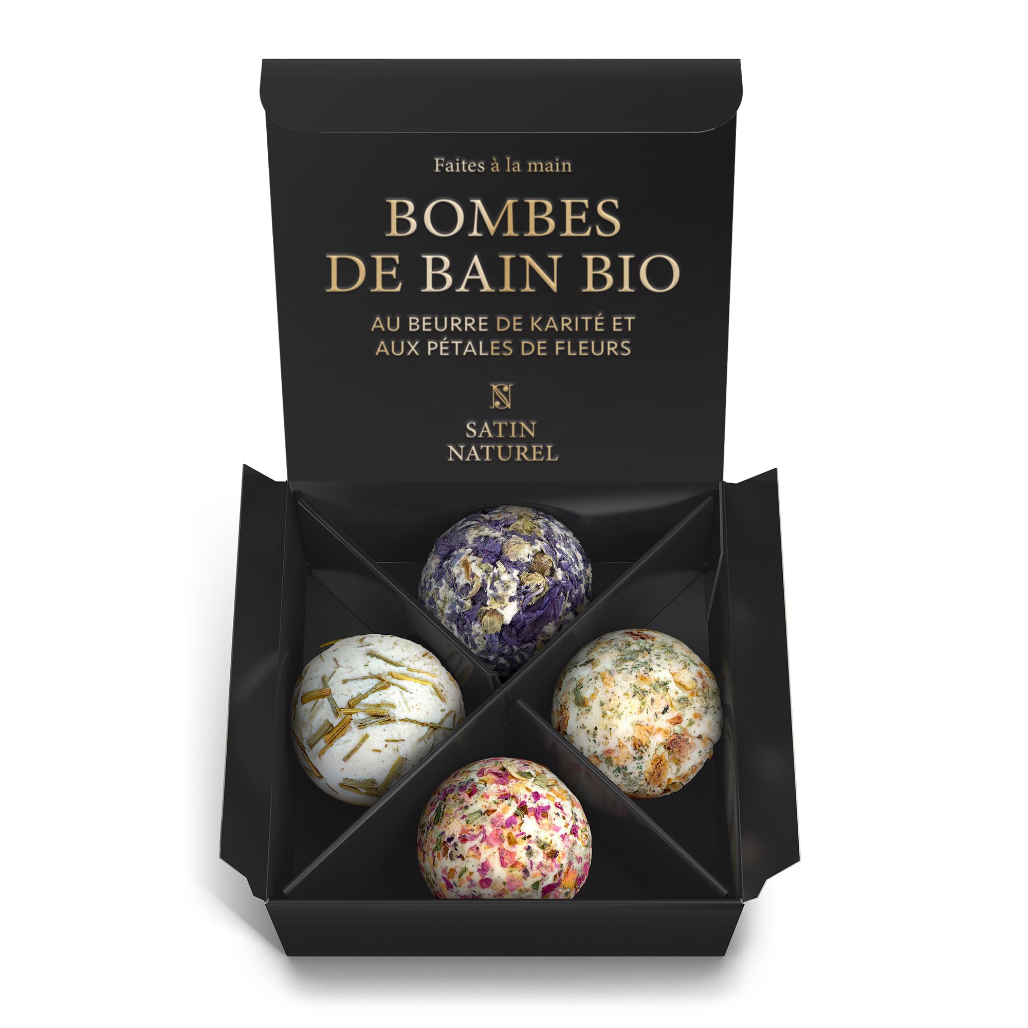 Satin Naturel Coffret 4 Bombes de Bain BIO Luxueuses Vegan – Cadeau Bien-Être pour Femme – Boules de Bain Premium – Idée Cadeau Anniversaire pour Elle – Naturcosmétique