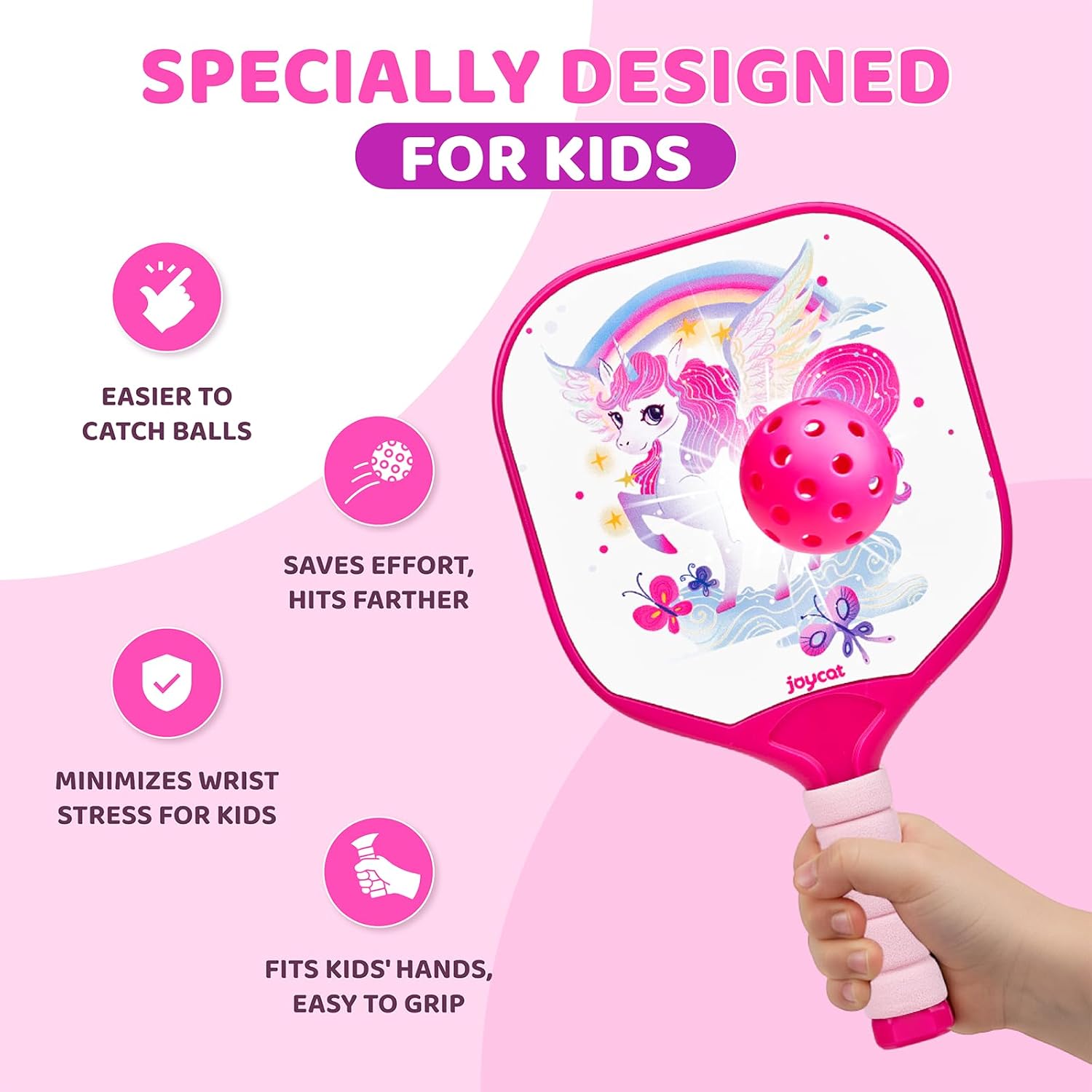 Joycat Kids Pickleball Paddles Set of 2, Lightweight Plastic Cute Pickleball Paddles with Small Grip, 2 Pickleballs, 1 Drawstring Bag,Indoor Outdoor Sport Gift for Kids,Beginner