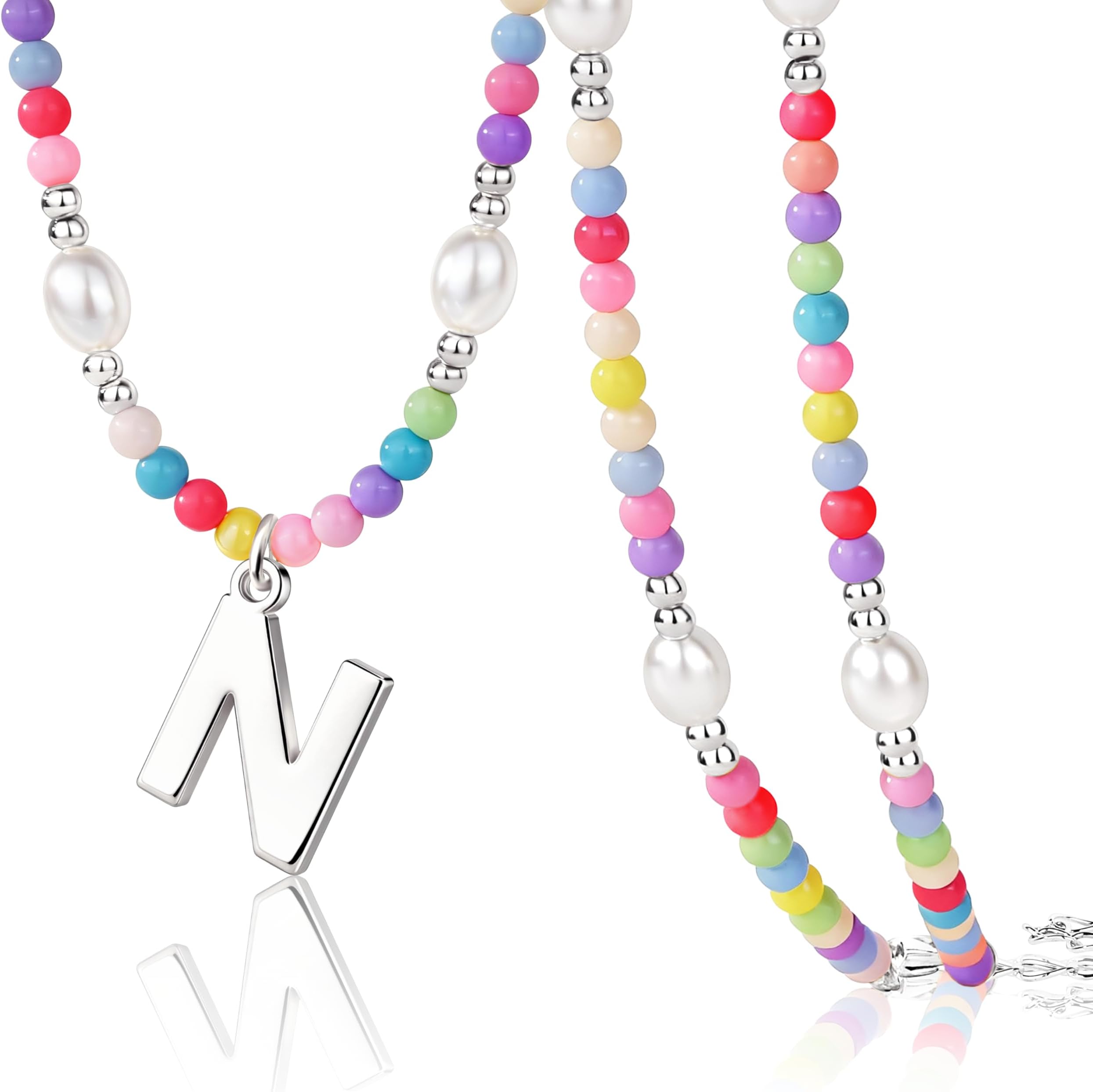 Initial Necklace for Teen Little Girls Kids Women Bulk, Toddler Colorful Beaded Pearl Choker with Letter Pendant, Cute Personalized Jewelry Gift for Easter, Party, Birthday