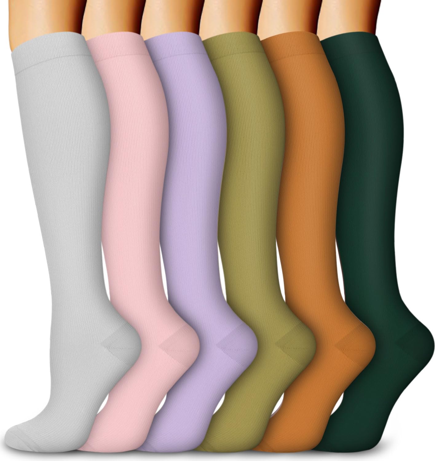 Aoliks 6 pares de calcetines de compresión para mujeres y hombres, calcetines de apoyo hasta la rodilla para enfermeras, atletismo, vuelo