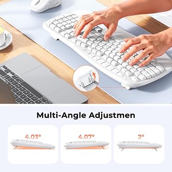 MEETION New Ergonomic Keyboard and Mouse Wireless Combo, Wave Keys Natural Typing, 2.4G Wireless Keyboard with Wrist Rest, 4 Adjustable DPI Optical Mouse, Computer/Laptop/Windows/Mac, White