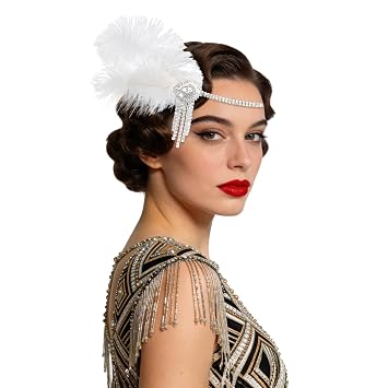 CURASA 1920s Flapper Headpiece Roaring 20s Gatsby Headband White Feather Accessories Sparkly Crystal Headwear Vintage Costume Flapper Dresses Outfit For Women Showgirl Cocktail Wedding Prom