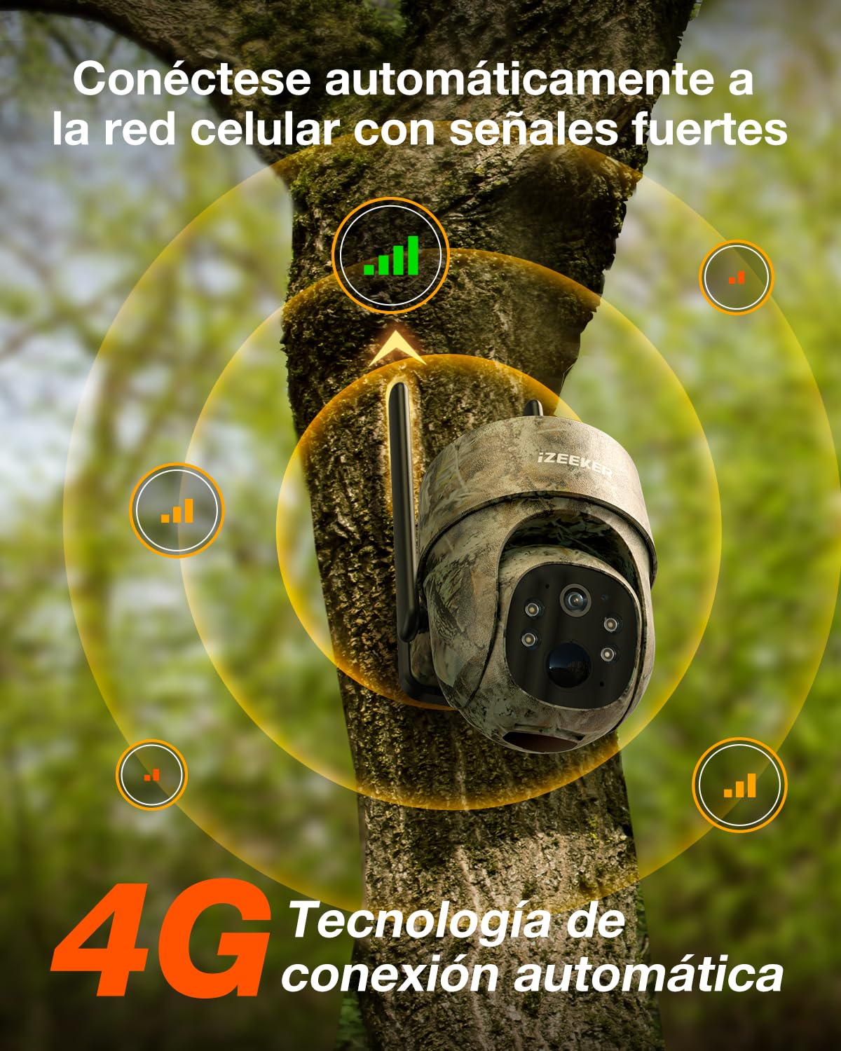 iZEEKER 4G LTE Cámara de Caza Solar, Cámara de Fototrampeo 2K PTZ con Tarjeta SD & SIM Vista Completa de 360° Transmisión en Vivo IR Sin Brillo Visión Nocturna Detección de Movimiento IP65 Impermeable