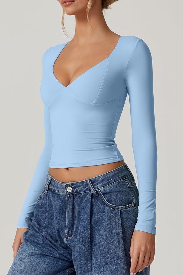 QINSEN Long Sleeve Double Lined Tops for Women Sexy Seamed Cup T Shirts Slim Fit Y2k Top Light Blue L by QINSEN - Image 7