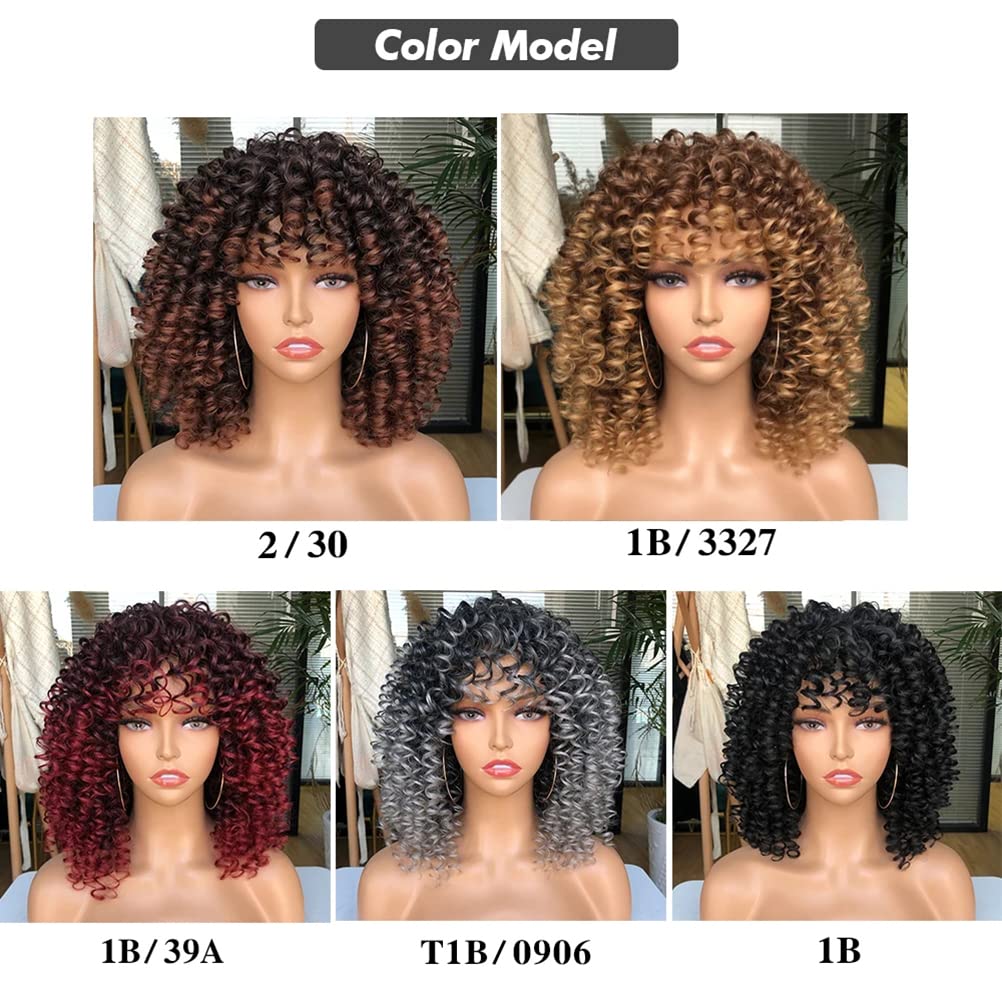 Dioche Krótkie Kręcone Peruki Afro dla Czarnych Kobiet Miękka Peruka z grzywką Bez Wydzielania Ciepła Włosy Syntetyczne Cosplay Party Codzienne Noszenie (WINE RED)