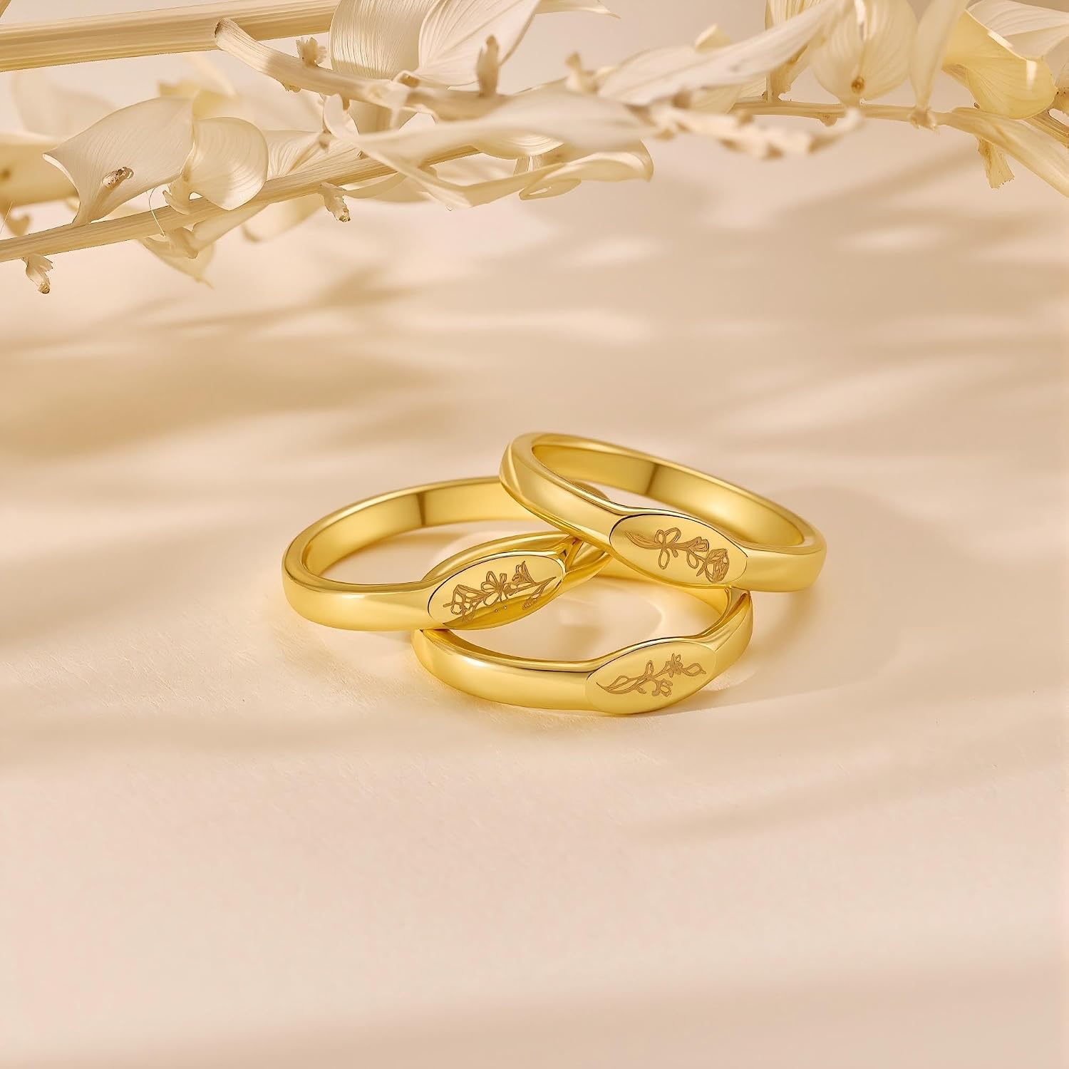 Birth Flower Signet Gold Rings for Women Engraved Floral Design Thin Slim Band Ring for Women 14k Plated Gold Size 6-10 Mothers Day Birthday Gifts for Mom Jewelry