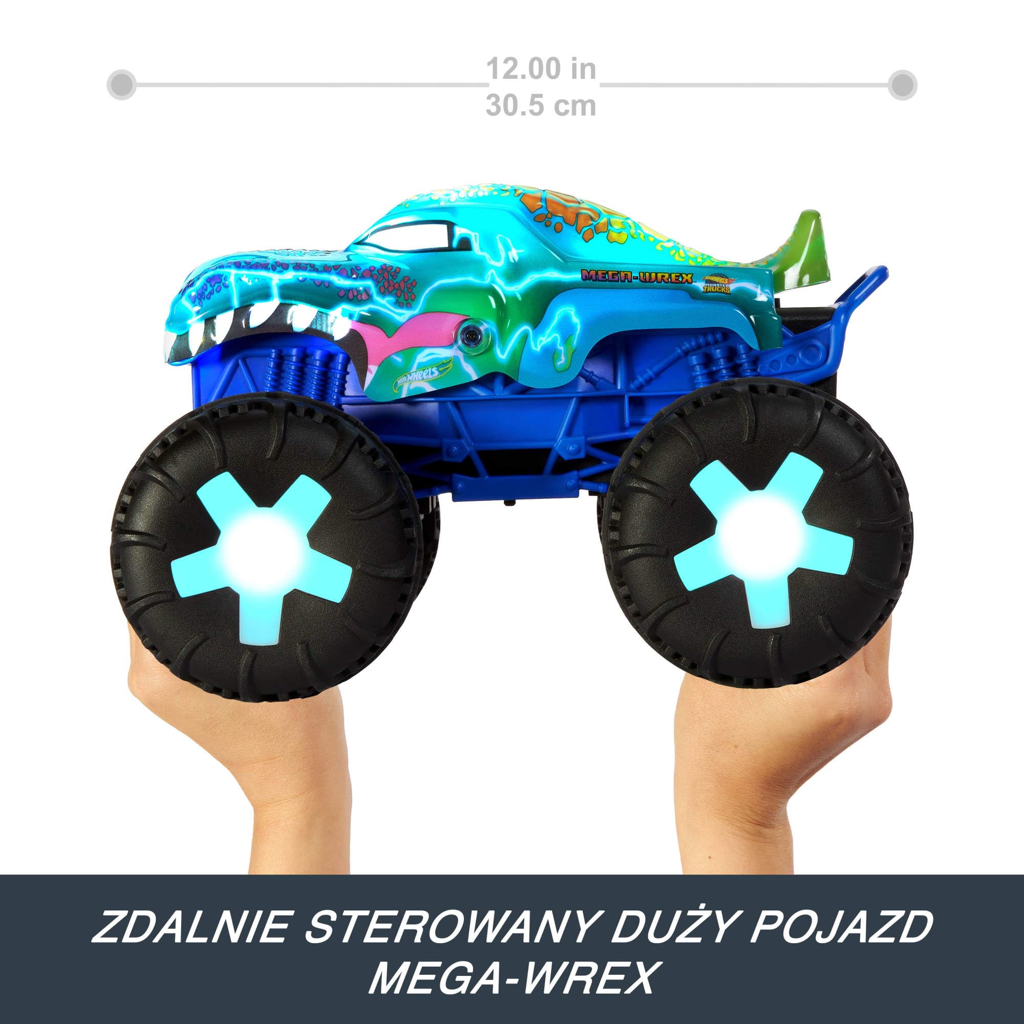 Hot Wheels RC Monster Trucks Mega-Wrex Alive Światła i dźwięki Zdalnie sterowany pojazd w skali 1:15 z 3 trybami zabawy, interaktywnymi światłami i dźwiękami, JBD90