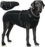 PUMYPOREITY Waterproof Snow Jacket for Large Dogs - Warm Fleece Winter Coat with Built-in Harness, Windproof Pet Snowsuit, Black 2XL