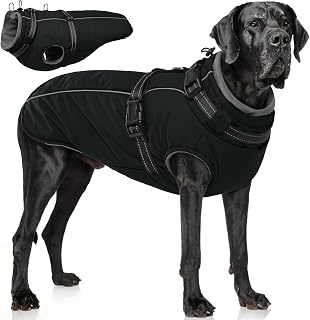 PUMYPOREITY Waterproof Snow Jacket for Large Dogs - Warm Fleece Winter Coat with Built-in Harness, Windproof Pet Snowsuit, Black 2XL