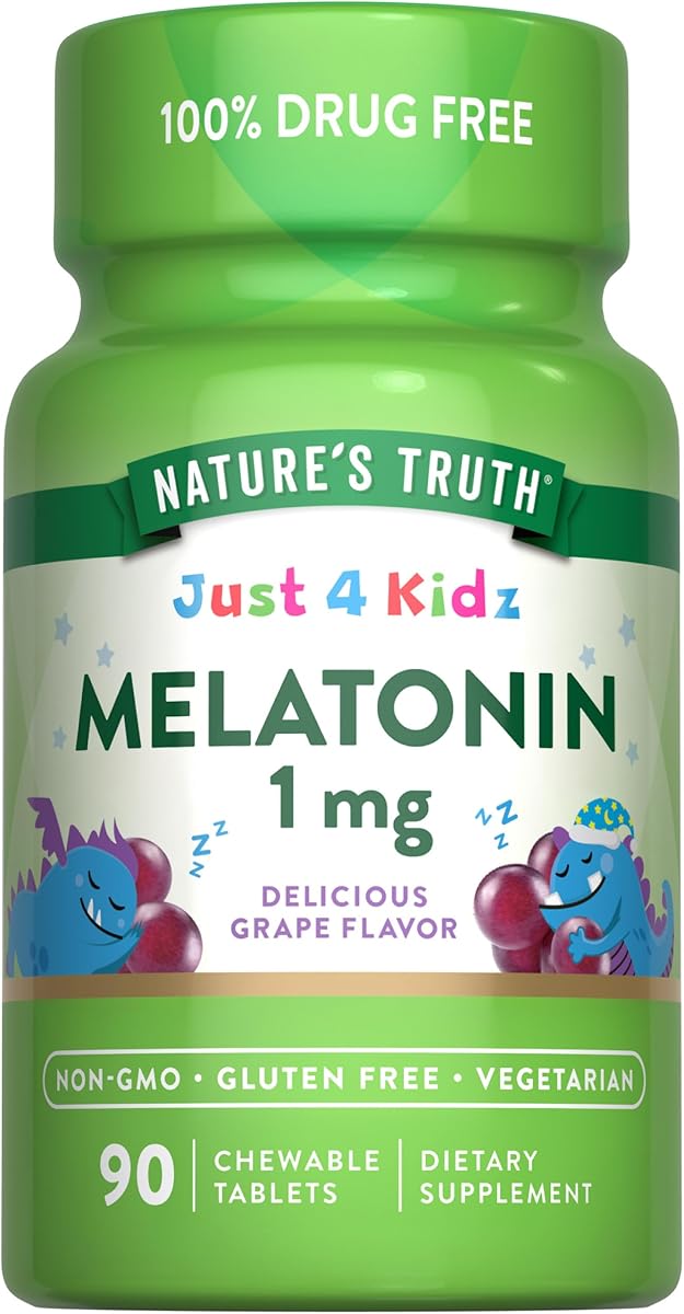 Nature's Truth Kids Melatonin Chewable Tablets | 1mg | Grape Flavor | Vegetarian, Non-GMO, & Gluten Free Supplement