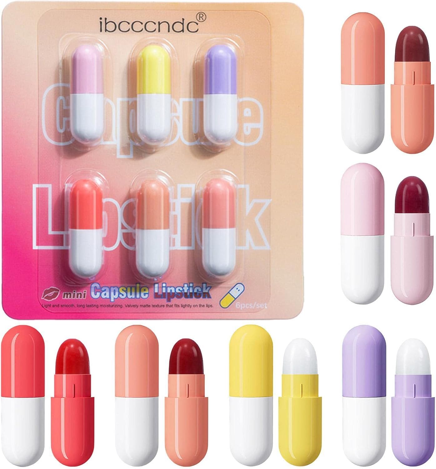 Amazon ピル リップスティック ミニ 6 個のミニ ピル形の口紅リップスティック セット,24 時間ステイ オン ミニ リップ