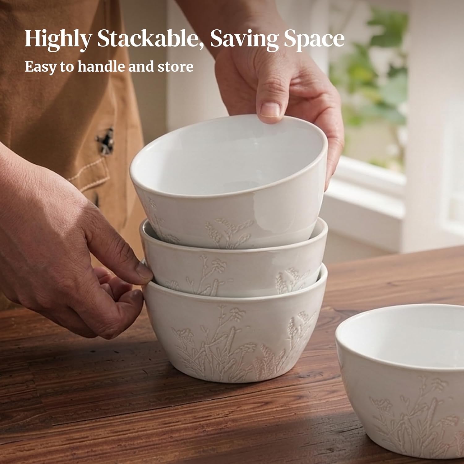 DOWAN 32 OZ Bowls Sets of 4, Ceramic Soup & Creal Bowls with 25 oz Normal Capacity, Large Bowls, Embossed Floral Design, Stackable, Microwave & Dishwasher Safe, for Pasta, Ramen, Salad