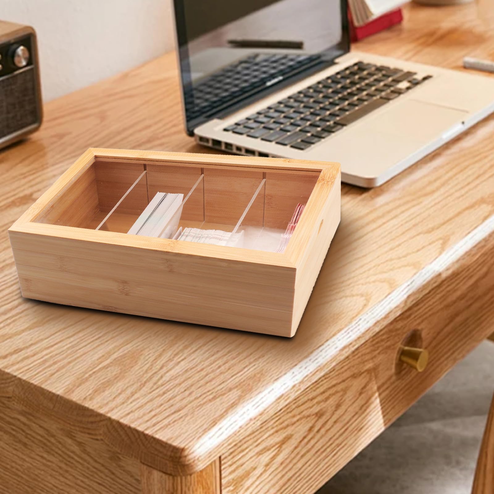 Portatarjetas de madera con 4 compartimentos, organizador para oficina, escuelas u hogar