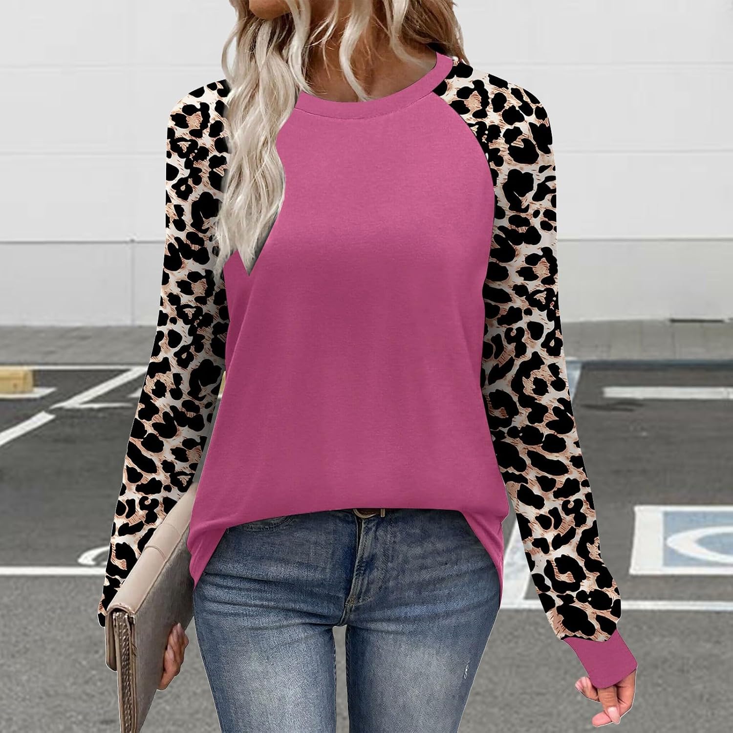 Women's Tops Raglan Long Sleeve Crewneck T Shirts Colorblock Blouse Leopard Basic Tees Chirstmas Fall Winter Shirt