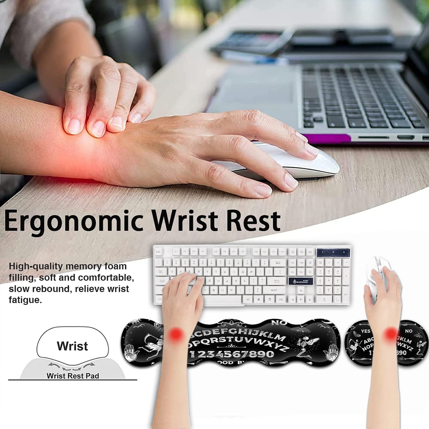 Gaming-Mauspad und Tastatur-Handgelenkauflage, großes erweitertes Mauspad, 80x20 cm, ergonomischer Memory-Schaumstoff, Handgelenkauflage + Schreibtischmatte, Ouija-Tafelmuster, schwarze Maus pad