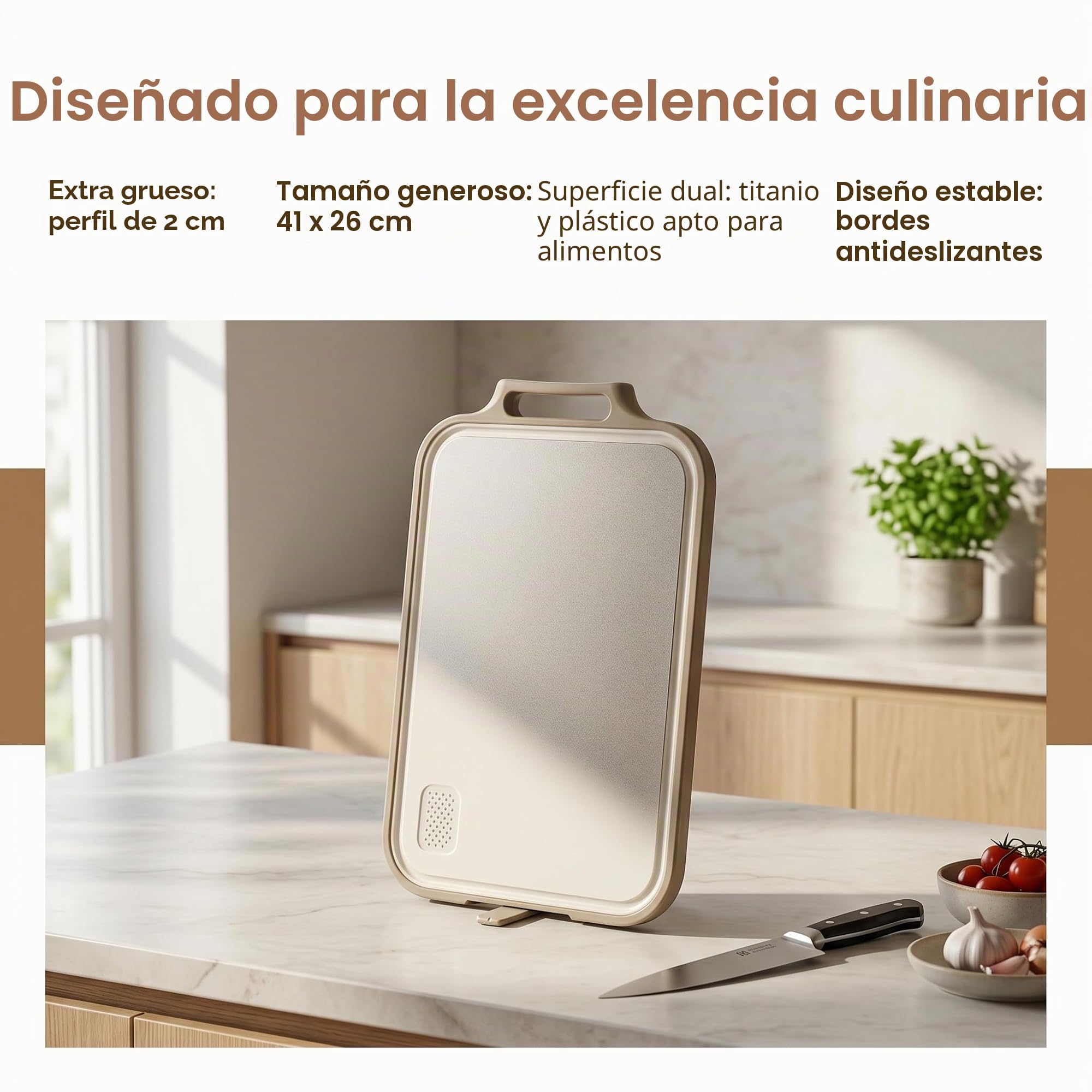 Tabla de Cortar de Titanio Puro al 100%, Tabla de Cocina Antibacteriana de Doble Cara, Tabla con Ranura para Jugos, Apta para Lavavajillas, Ideal para Carne, Frutas y Verduras, Grande y Robusta