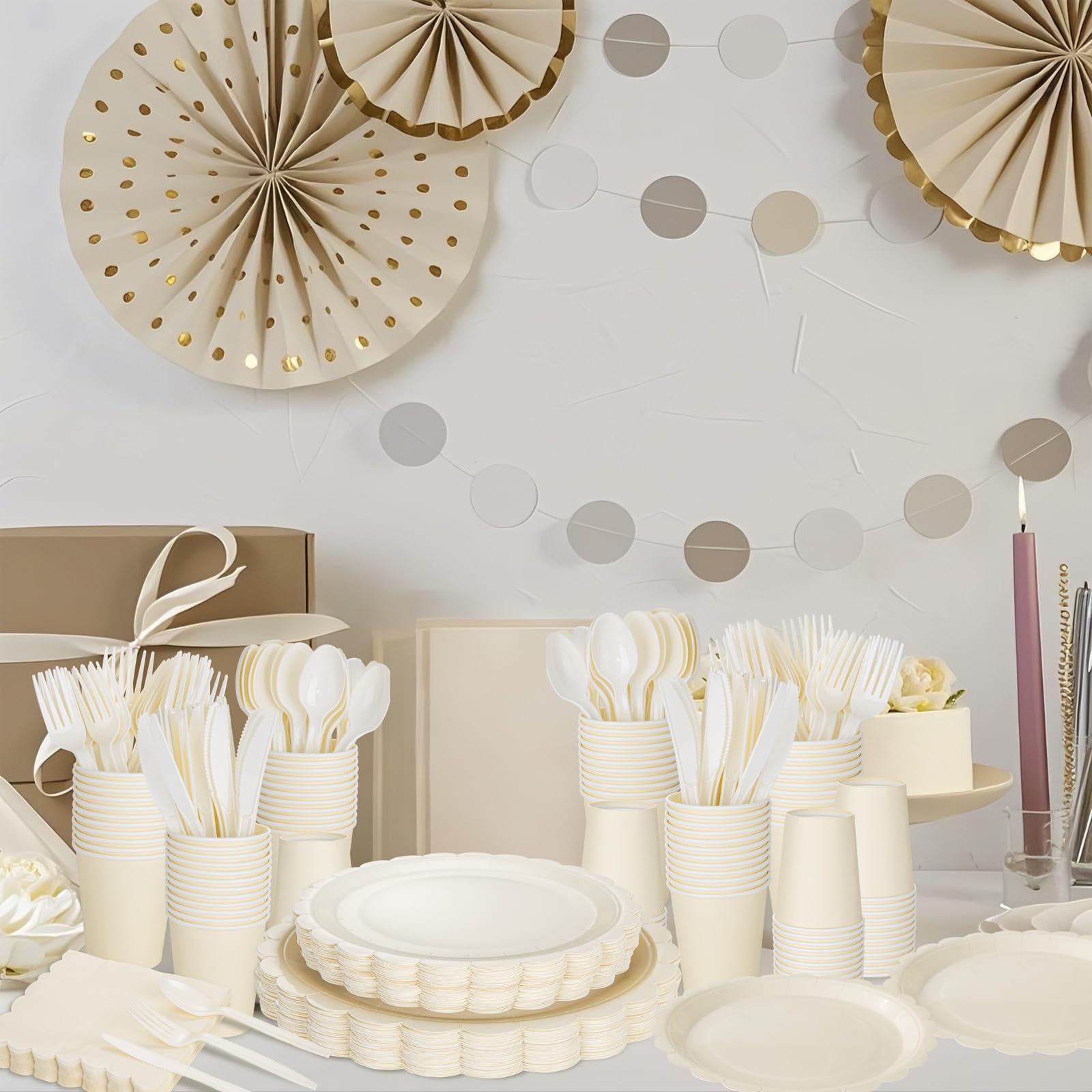 Ivory Paper Plates & Napkins - 50 Guest Party Set -4