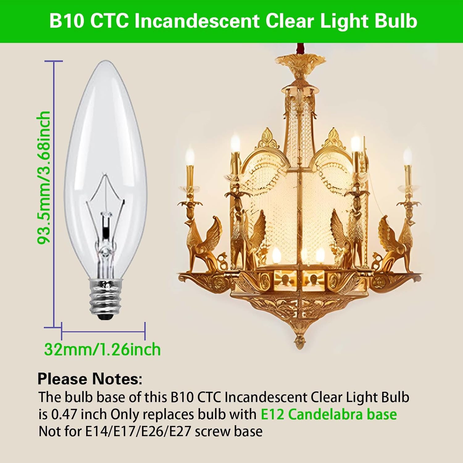 E12 Candle Light Bulbs,60W Candelabra, B10 ClearBase Bulb with Warm White 2700K, 600 Lumen Dimmable, CA10 Clear Candelabra Base Bulbs, Ceiling Fan(12pack)