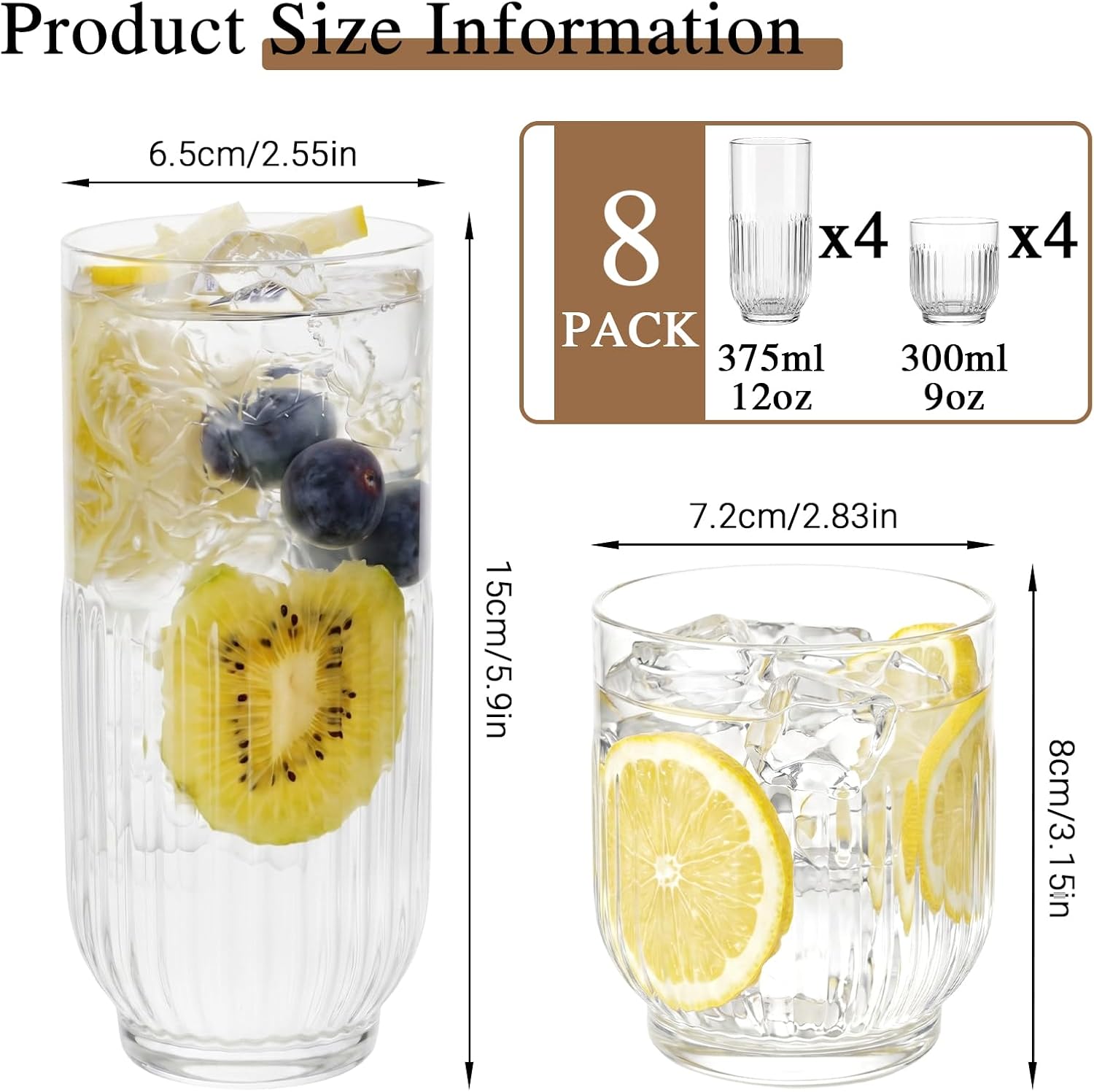 Ribbed Drinking Glasses Set of 8 glass cups set 4 Highball Glasses 13oz & 4 Rocks Drinking Glasses 9oz, Vintage Ribbed Tumbler Glasses for Water, Cocktail, Whiskey,Juice Beer Cocktails