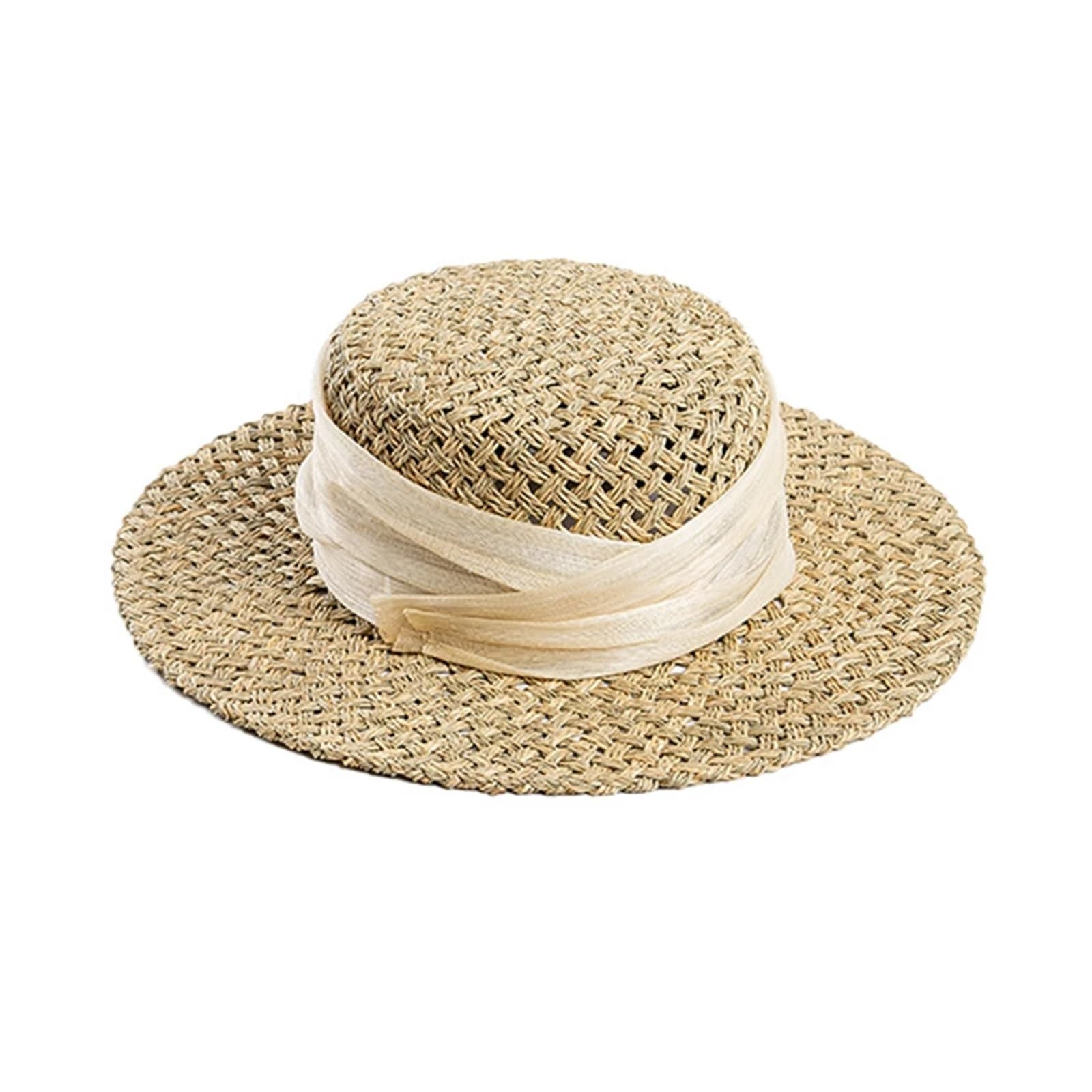 Sommer-Sonnenhut aus Stroh Damen Sommer Sonnenhut Naturstroh Flat Top Caps Elegante Bootshut Handgefertigt Sonnenschutz Strand Outdoor Für die Reise