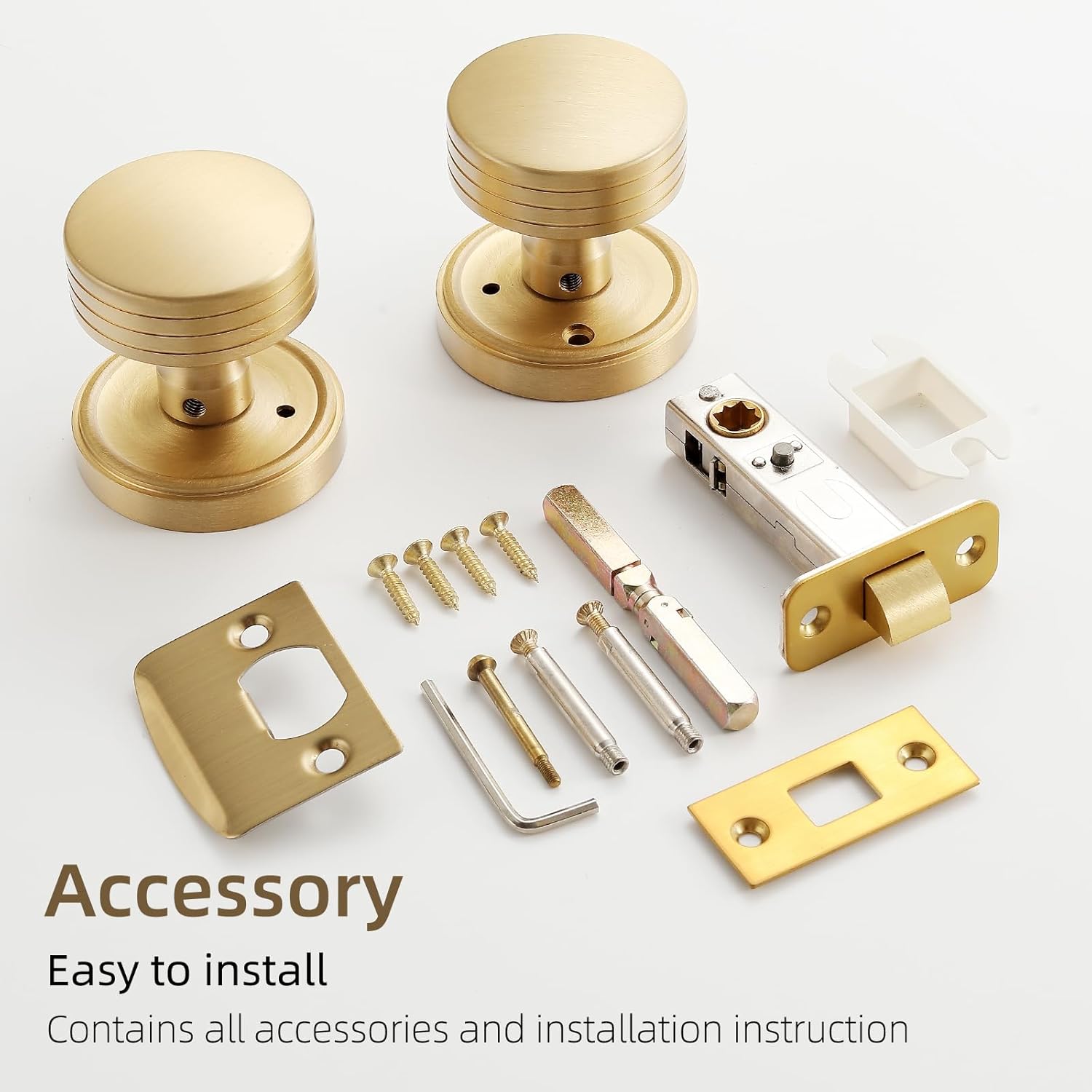 Minimalist Brass Privacy Door Knob – Decorative Groove Design, Brushed Brass Finish, Solid Brass Latch – 60mm Fixed Backset for Bedroom & Bathroom (Brushed Brass, Privacy-2.375 in)