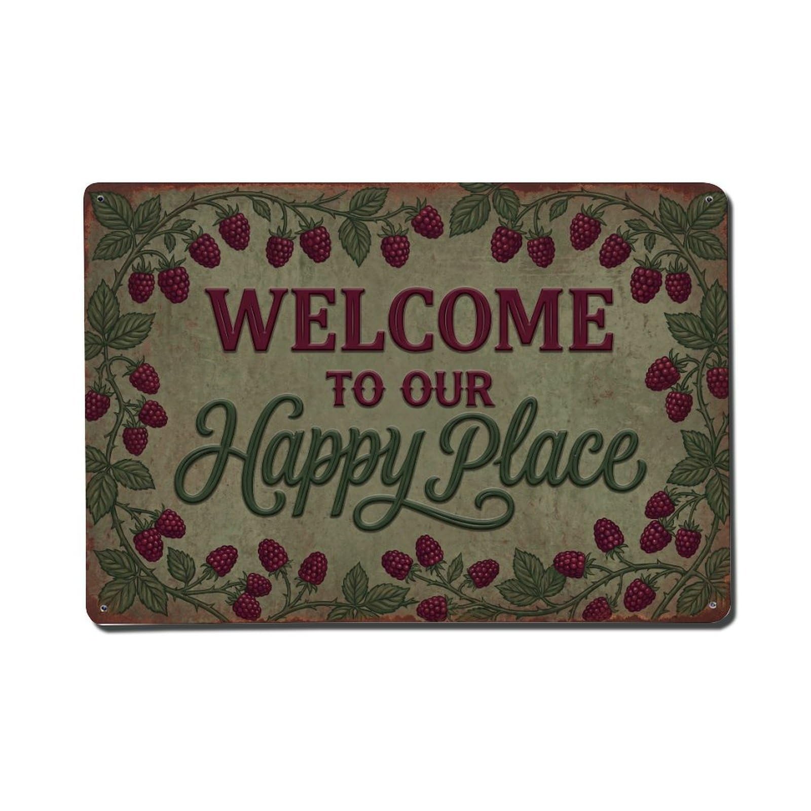 Fqnyr Style Welcome To Our Happy Place Tayberry Bramble Metal Tin Sign Plaque Wall Decor For Cafe, Club Bar, Office, Home Garden Metal Poster 8X12inch