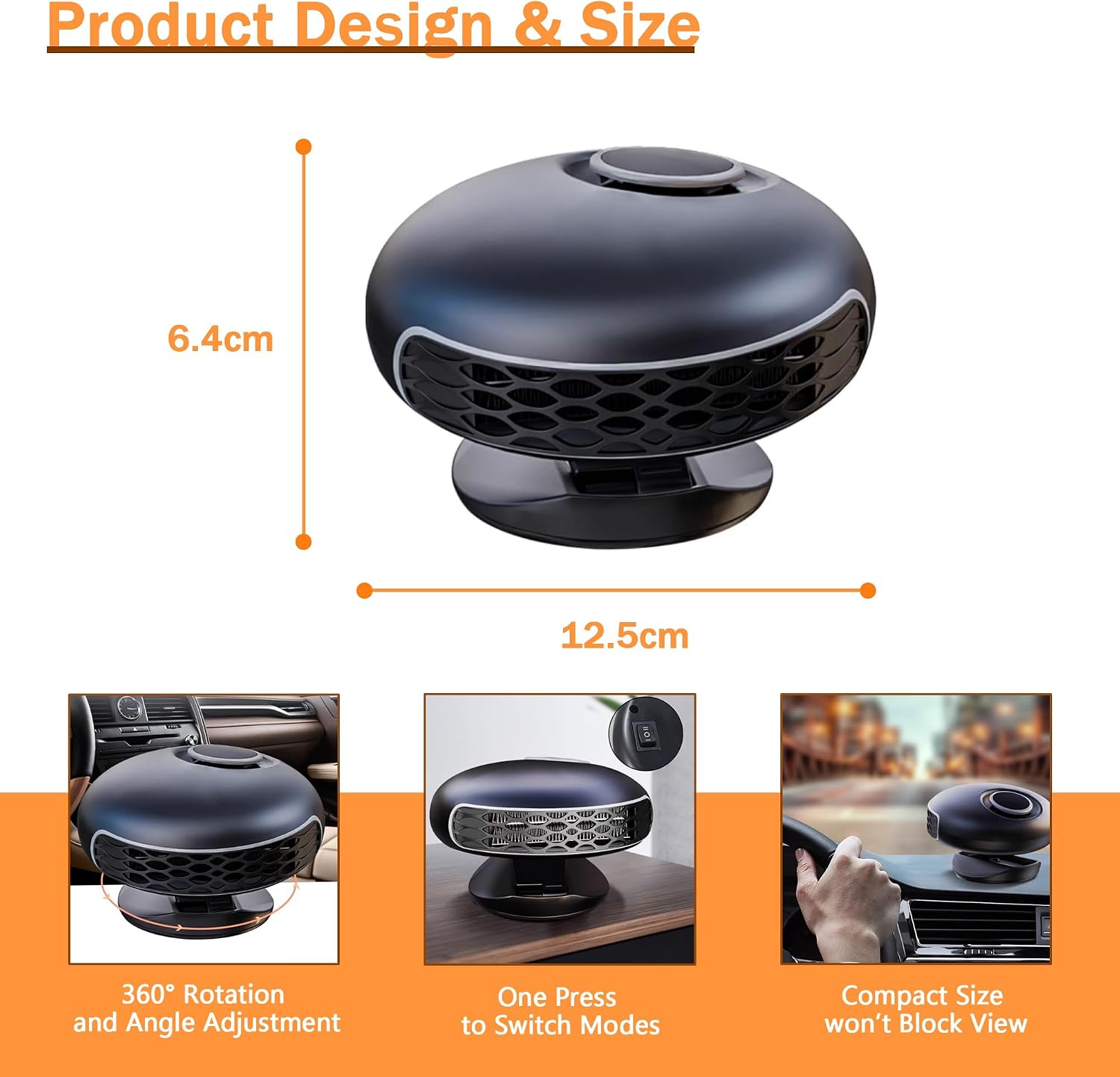 REVXON Car Heater showing dimensions and features like 360 degree rotation and one-press mode switch