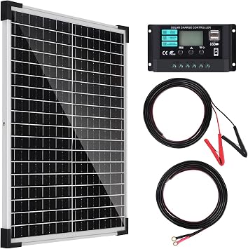 TBER Solar Panel Kit 25W 12V Solar Battery Charger with 10A Charge Controller and Extension Cables with Battery Clips O-Ring Terminal for 12V Batteries Cars Motorcycle RV Marine Boat Camper