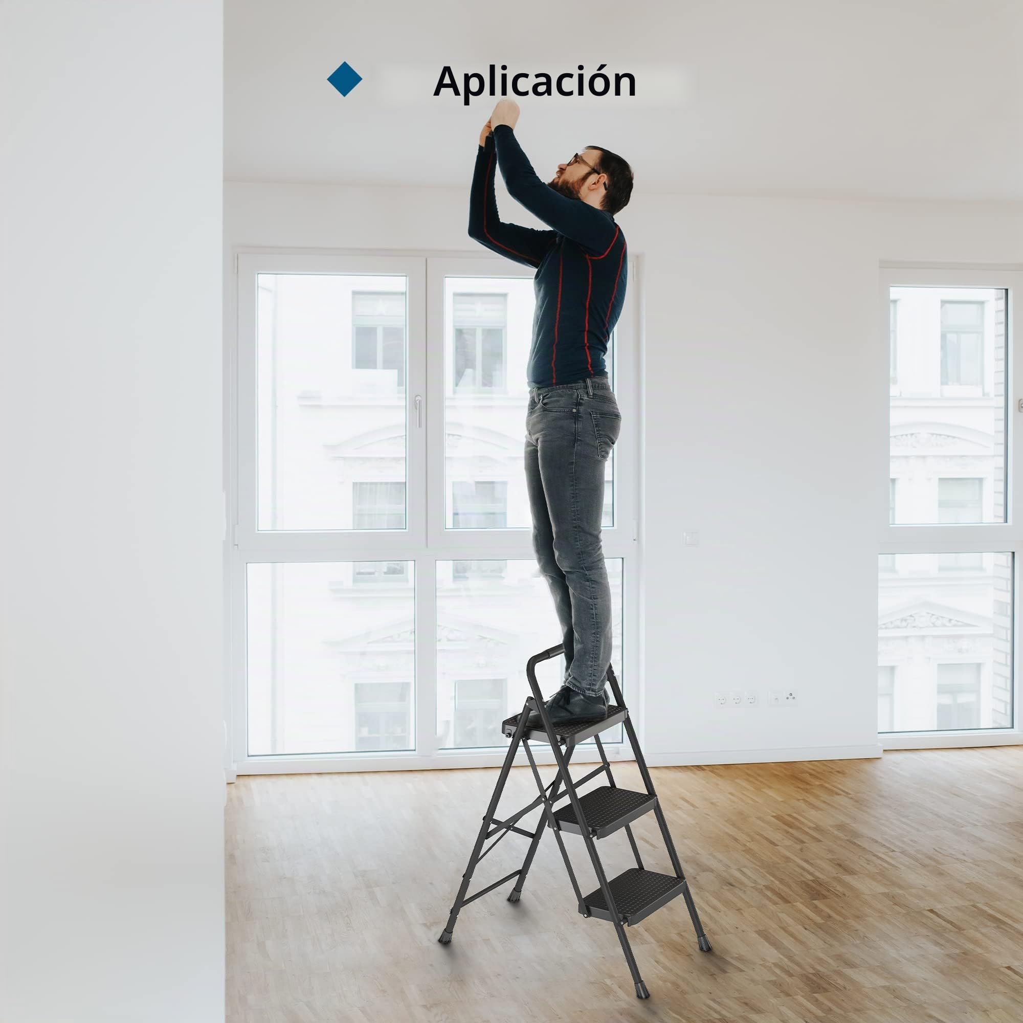 BONTEC Escaleras Plegables de 3 Escalones, Capacidad de 150KG con Pedales Antideslizantes Anchos, Taburete Escaleras de Mano de Acero, Manubrio de Esponja, Uso en Interiores y Exteriores, Negro